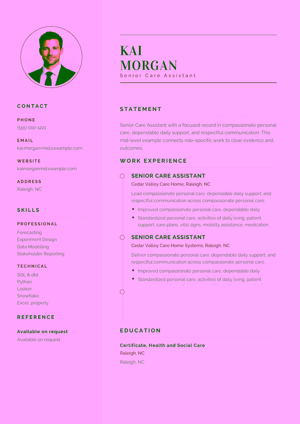 Mid-level Senior Care Assistant resume example in the Cetus template focused on care-plan follow-through, mobility assistance, and accurate observations.