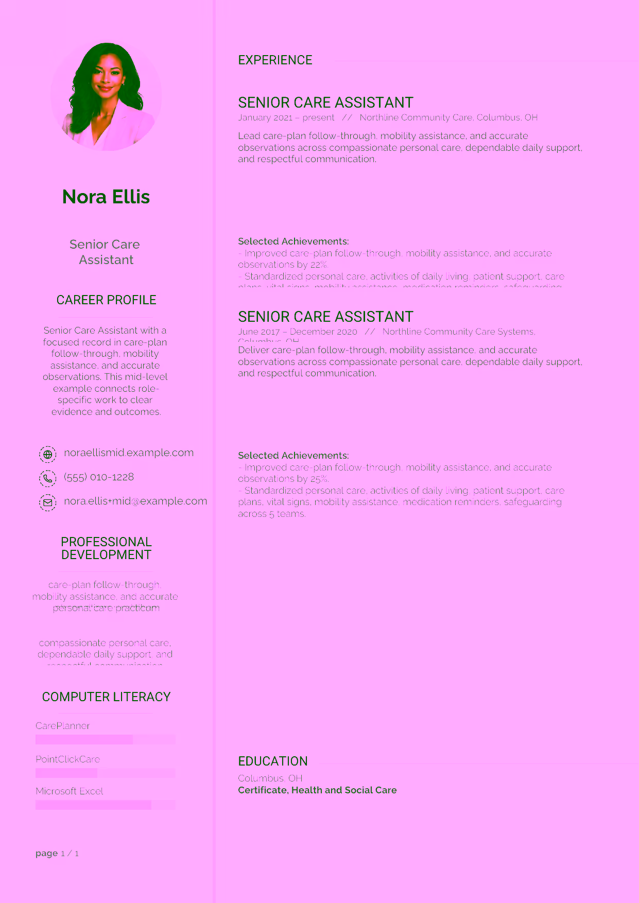Mid-level Senior Care Assistant resume example in the Synnove template focused on care-plan follow-through, mobility assistance, and accurate observations.