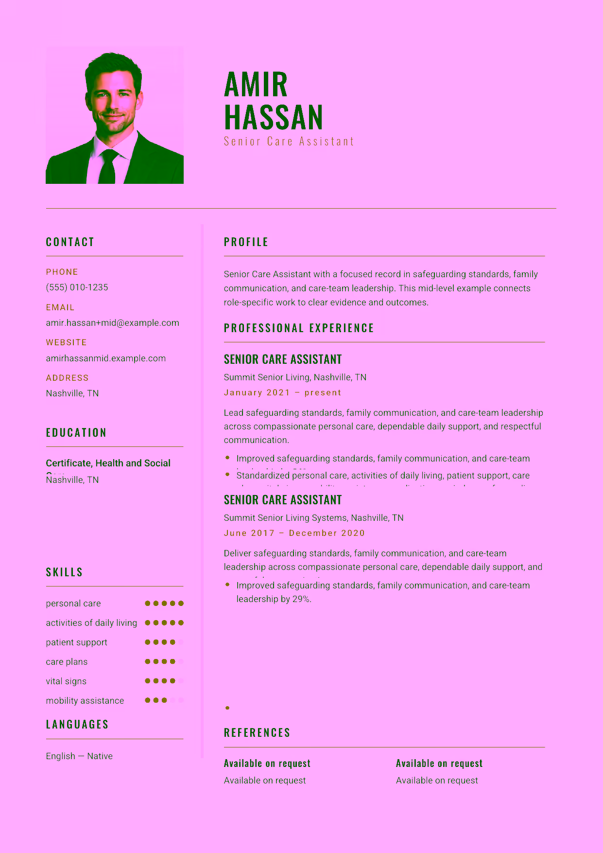 Mid-level Senior Care Assistant resume example in the Acamar template focused on care-plan follow-through, mobility assistance, and accurate observations.