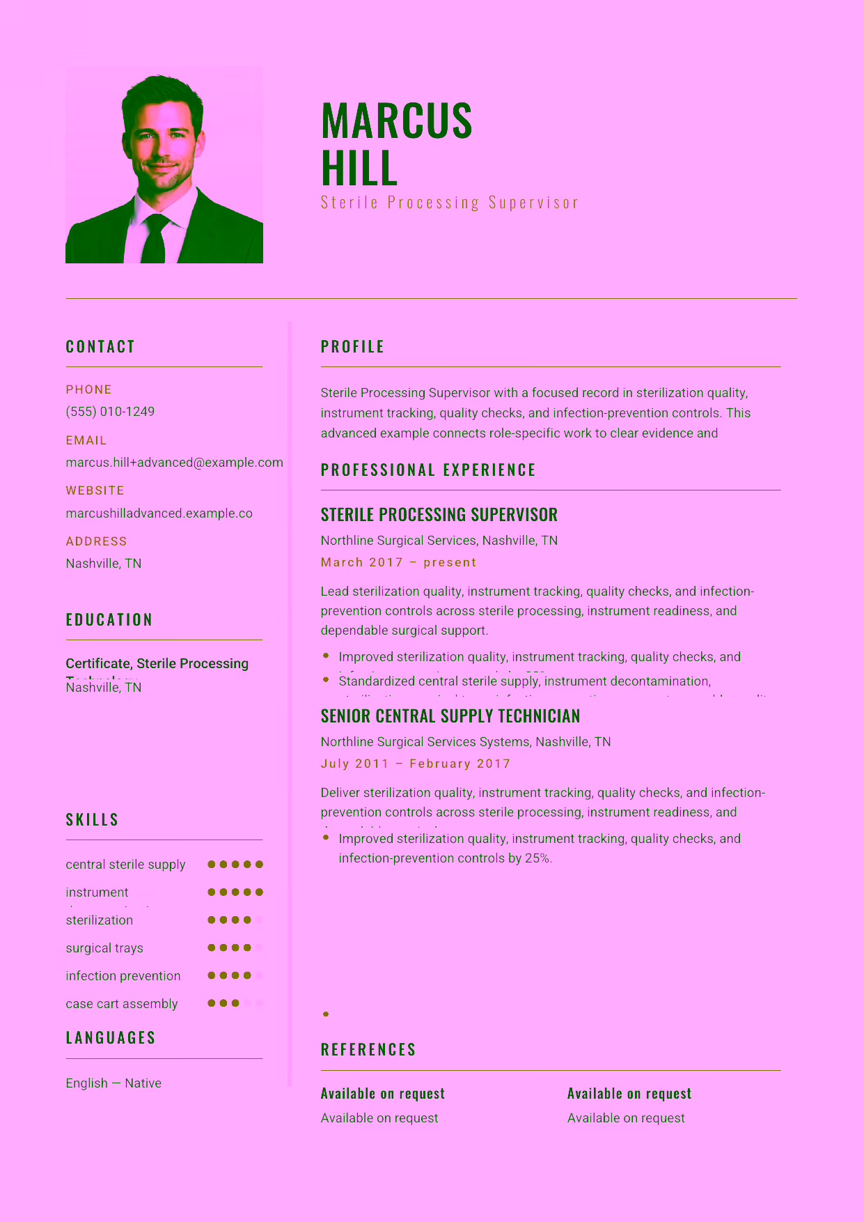 Advanced Sterile Processing Supervisor resume example in the Acamar template focused on sterile-processing workflow, audit readiness, and technician-team leadership.