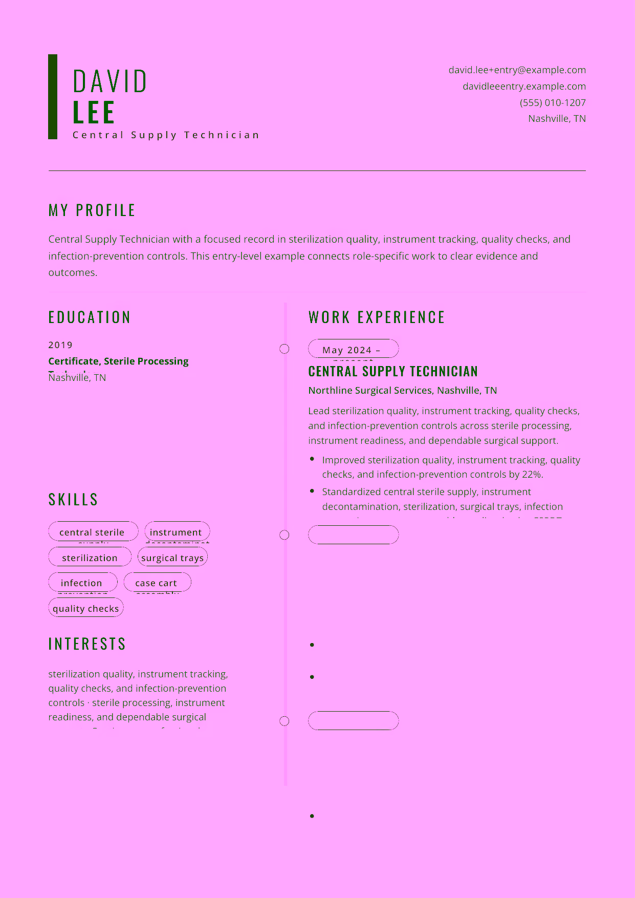 Entry-level Central Supply Technician resume example in the Caelum template focused on safe decontamination, accurate tray assembly, case cart assembly, and dependable case readiness.