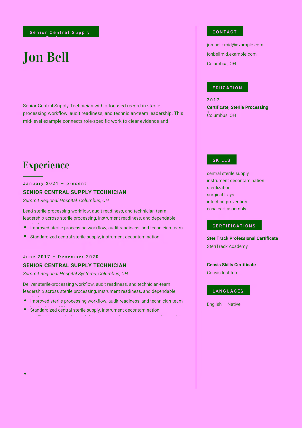 Mid-level Senior Central Supply Technician resume example in the Aquila template focused on sterilization quality, instrument tracking, quality checks, and infection-prevention controls.