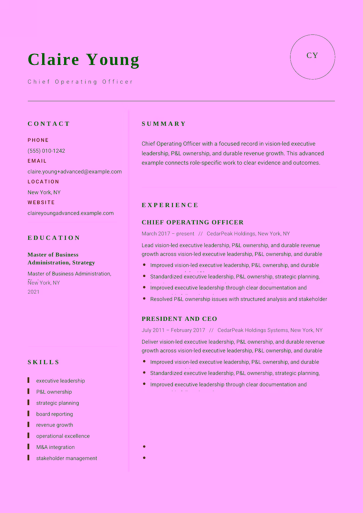 Advanced Chief Operating Officer resume example in the Grus template focused on M&A integration, stakeholder management, and enterprise transformation.