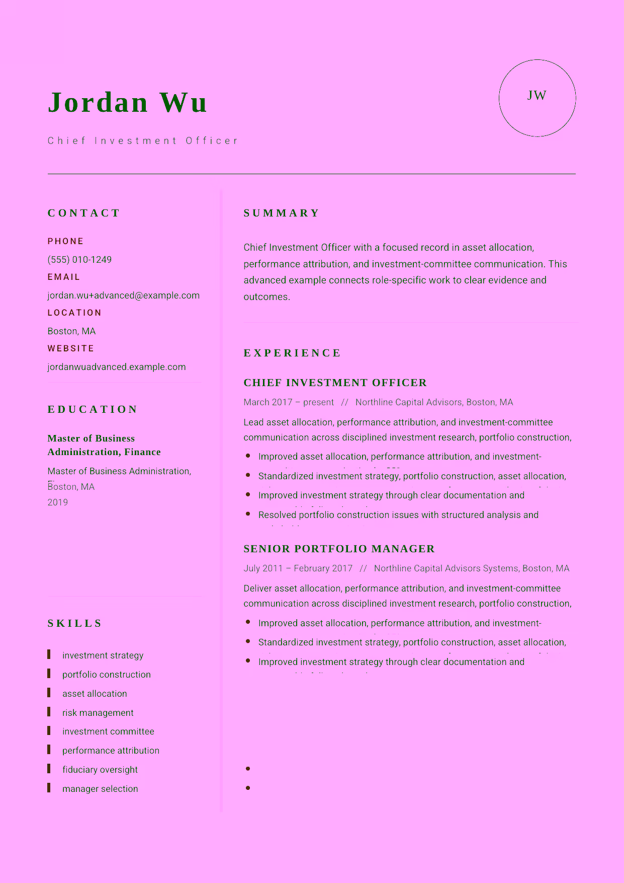 Advanced Chief Investment Officer resume example in the Grus template focused on fiduciary oversight, manager selection, and enterprise investment leadership.