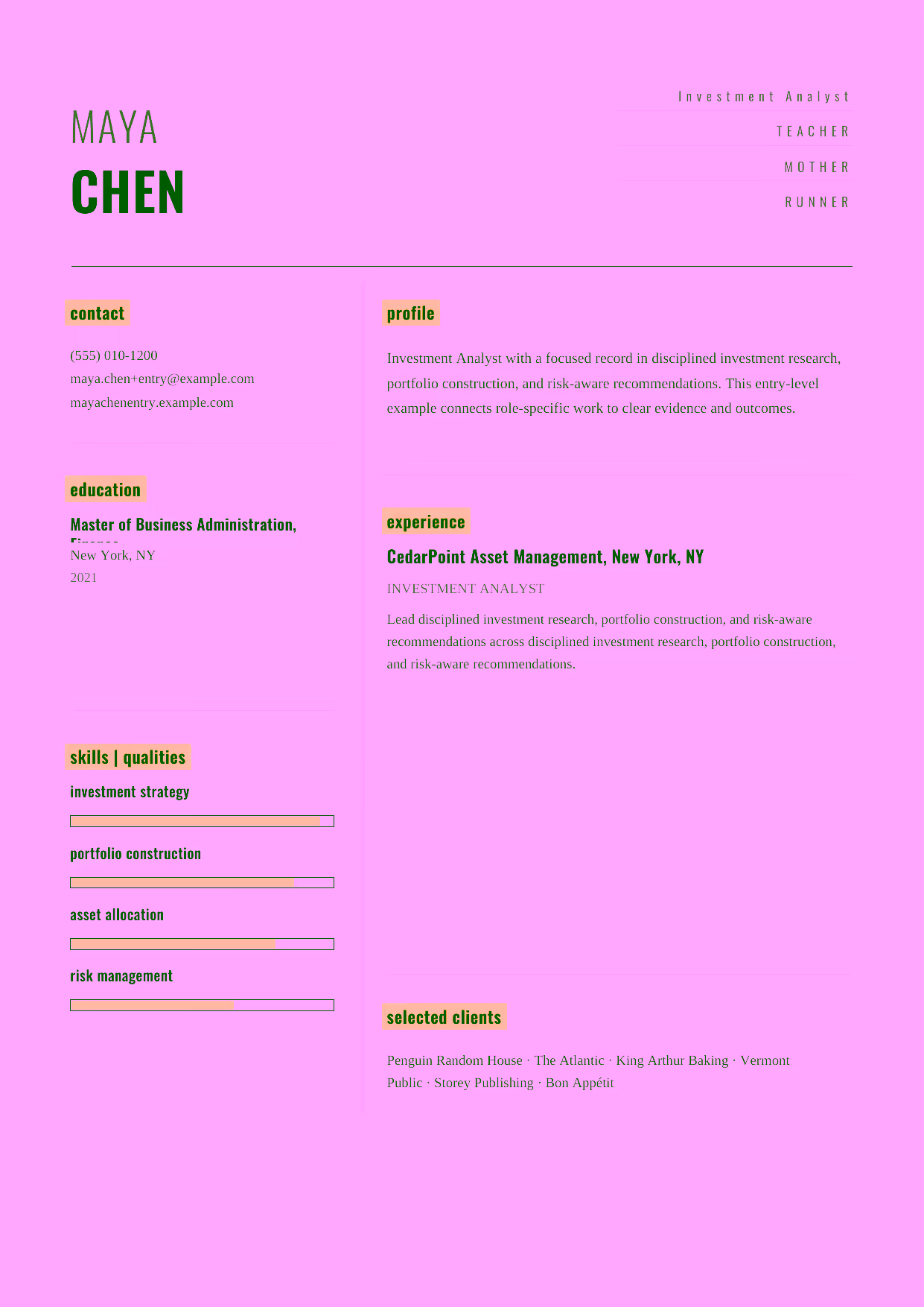Entry-level Investment Analyst resume example in the Dorado template focused on disciplined investment research, portfolio construction, and risk-aware recommendations.