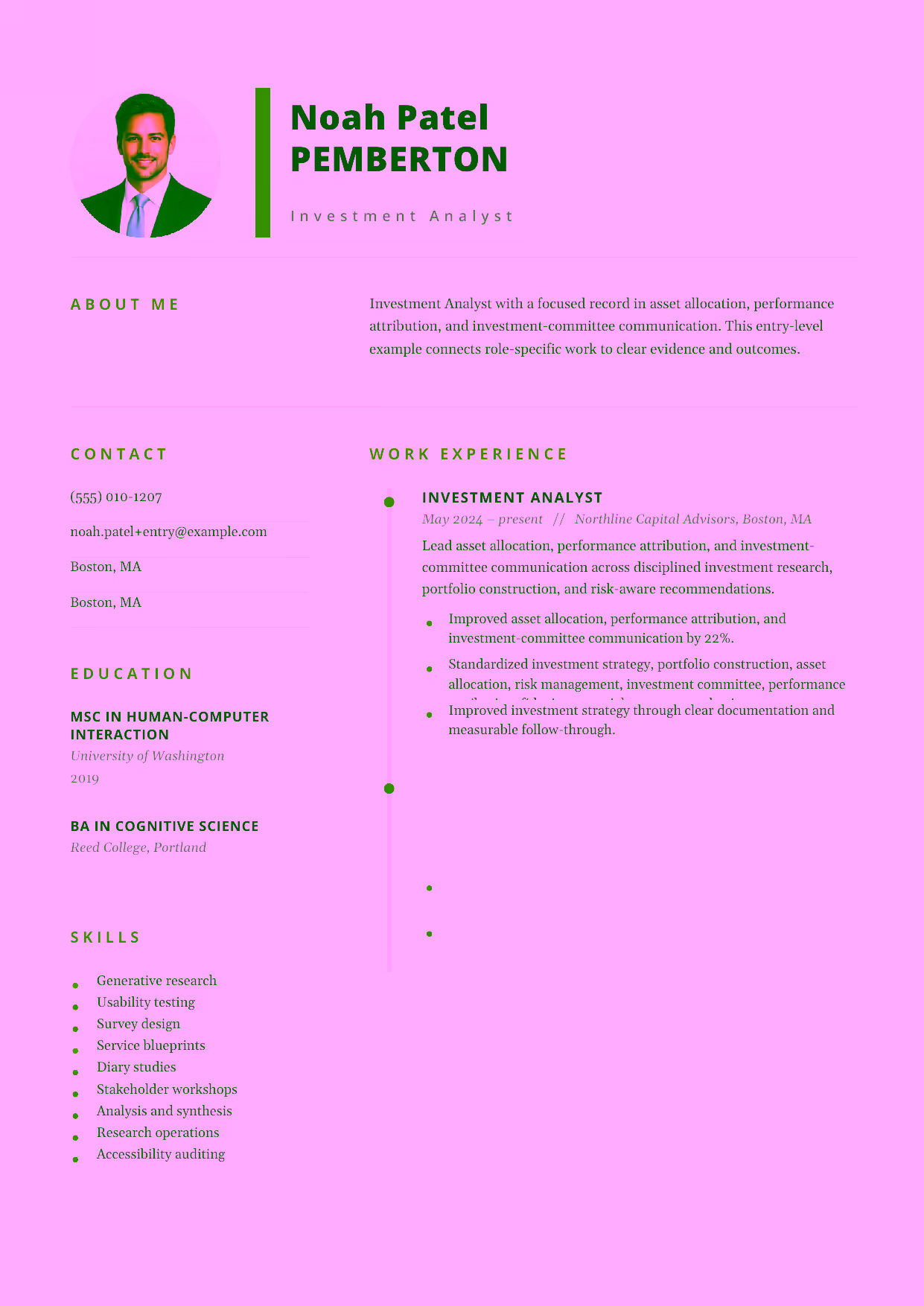 Entry-level Investment Analyst resume example in the Pegasus template focused on disciplined investment research, portfolio construction, and risk-aware recommendations.