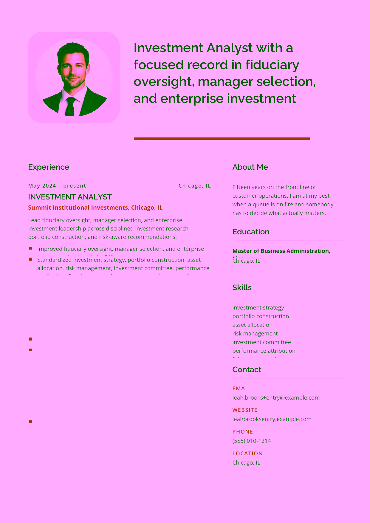 Entry-level Investment Analyst resume example in the Andromeda template focused on disciplined investment research, portfolio construction, and risk-aware recommendations.