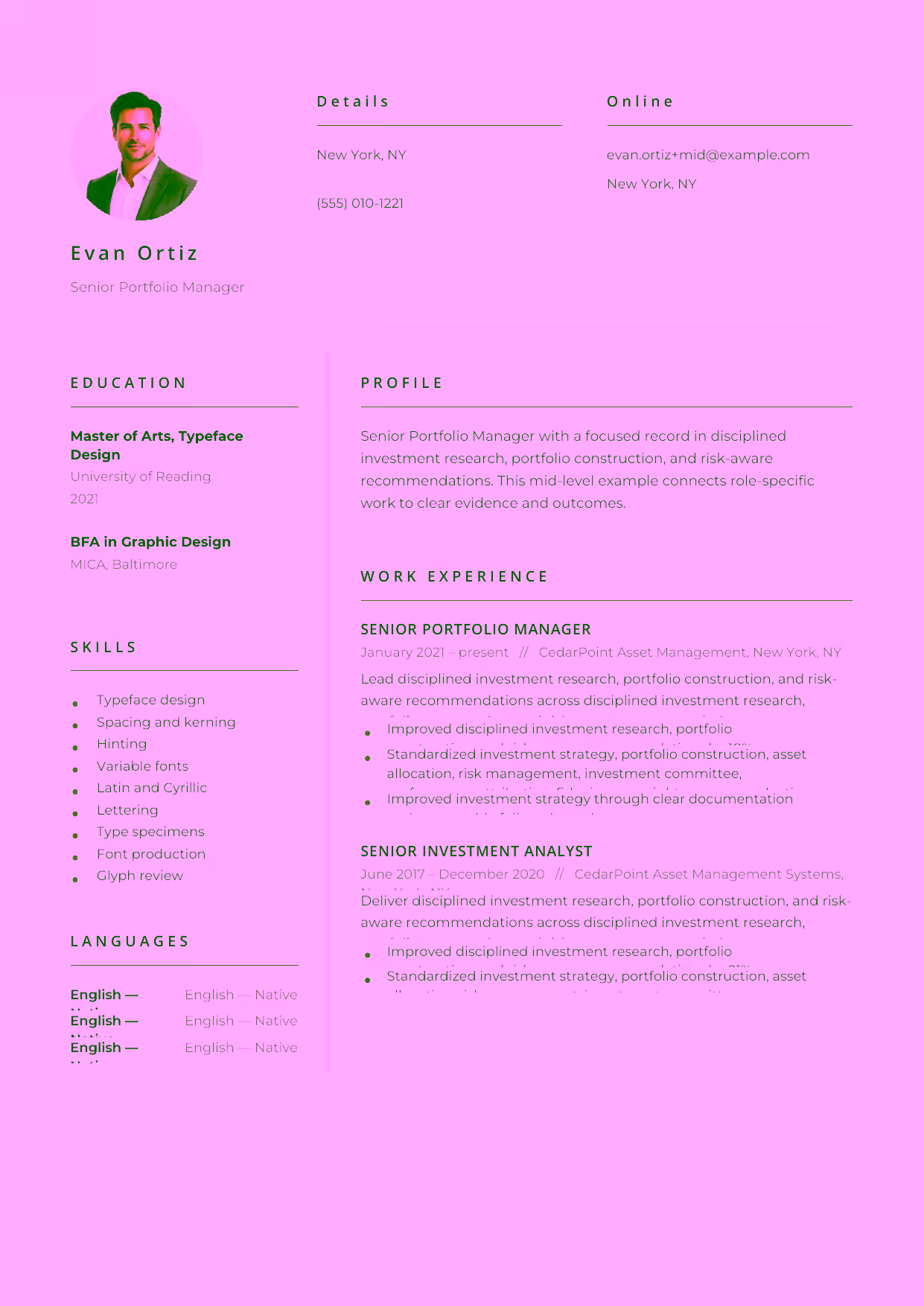 Mid-level Senior Portfolio Manager resume example in the Pictor template focused on asset allocation, performance attribution, and investment-committee communication.