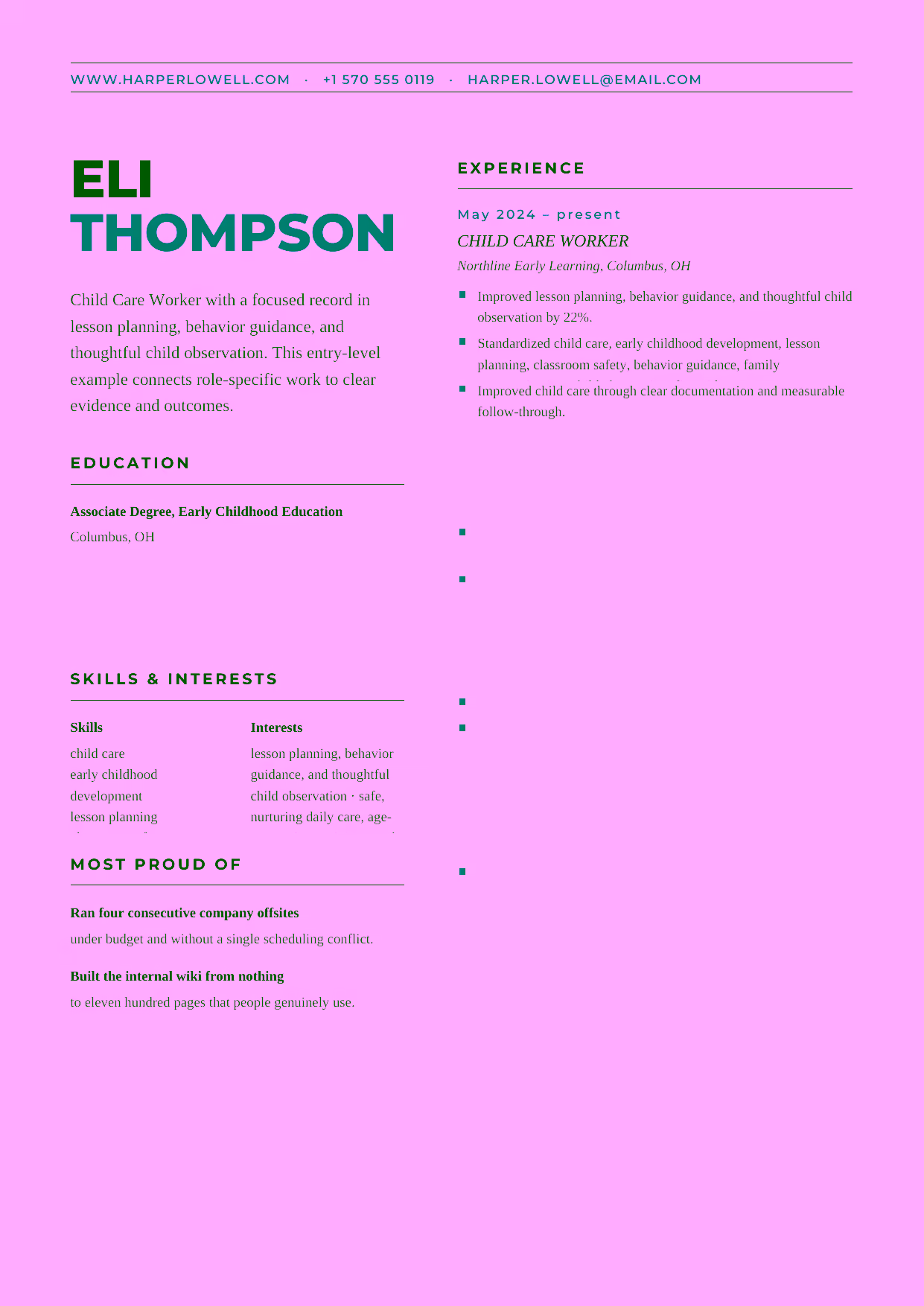 Entry-level Child Care Worker resume example in the Bootes template focused on safe, nurturing daily care, age-appropriate activities, and clear family communication.