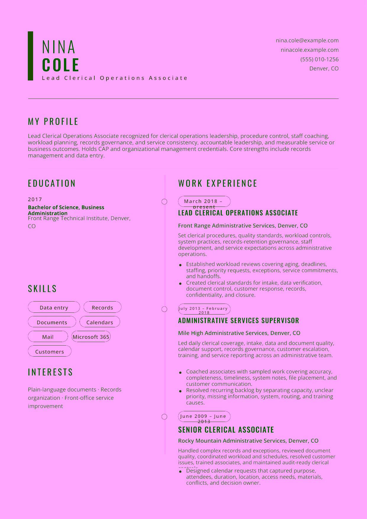 Advanced Lead Clerical Operations Associate resume example in the Caelum template focused on clerical operations leadership, procedure control, staff coaching, workload planning, records governance, and service consistency.