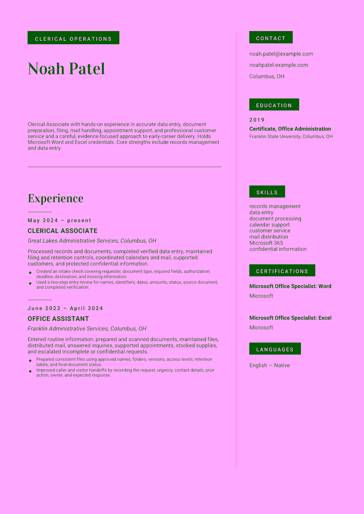 Entry-level Clerical Associate resume example in the Aquila template focused on accurate data entry, document preparation, filing, mail handling, appointment support, and professional customer service.