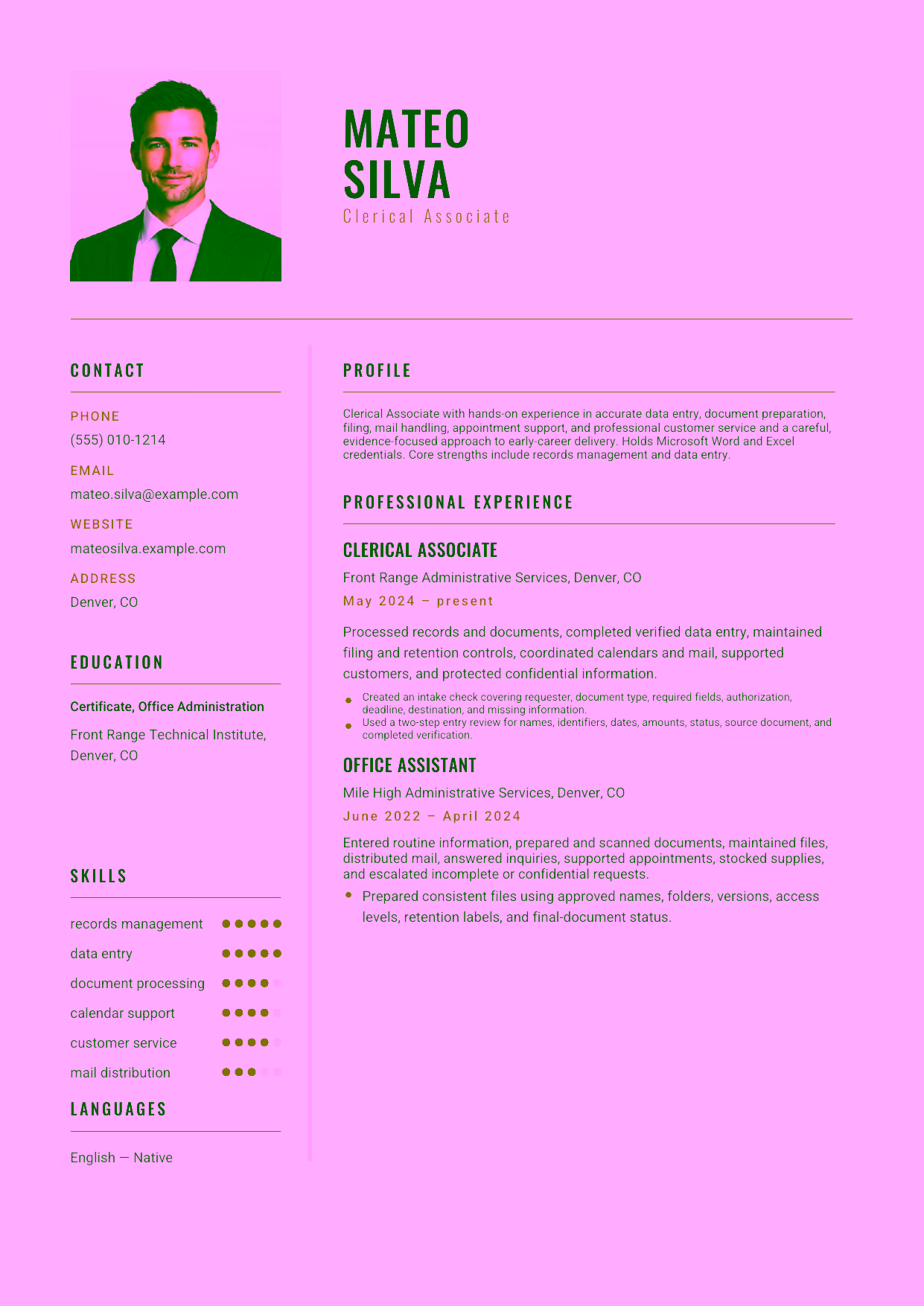 Entry-level Clerical Associate resume example in the Acamar template focused on accurate data entry, document preparation, filing, mail handling, appointment support, and professional customer service.