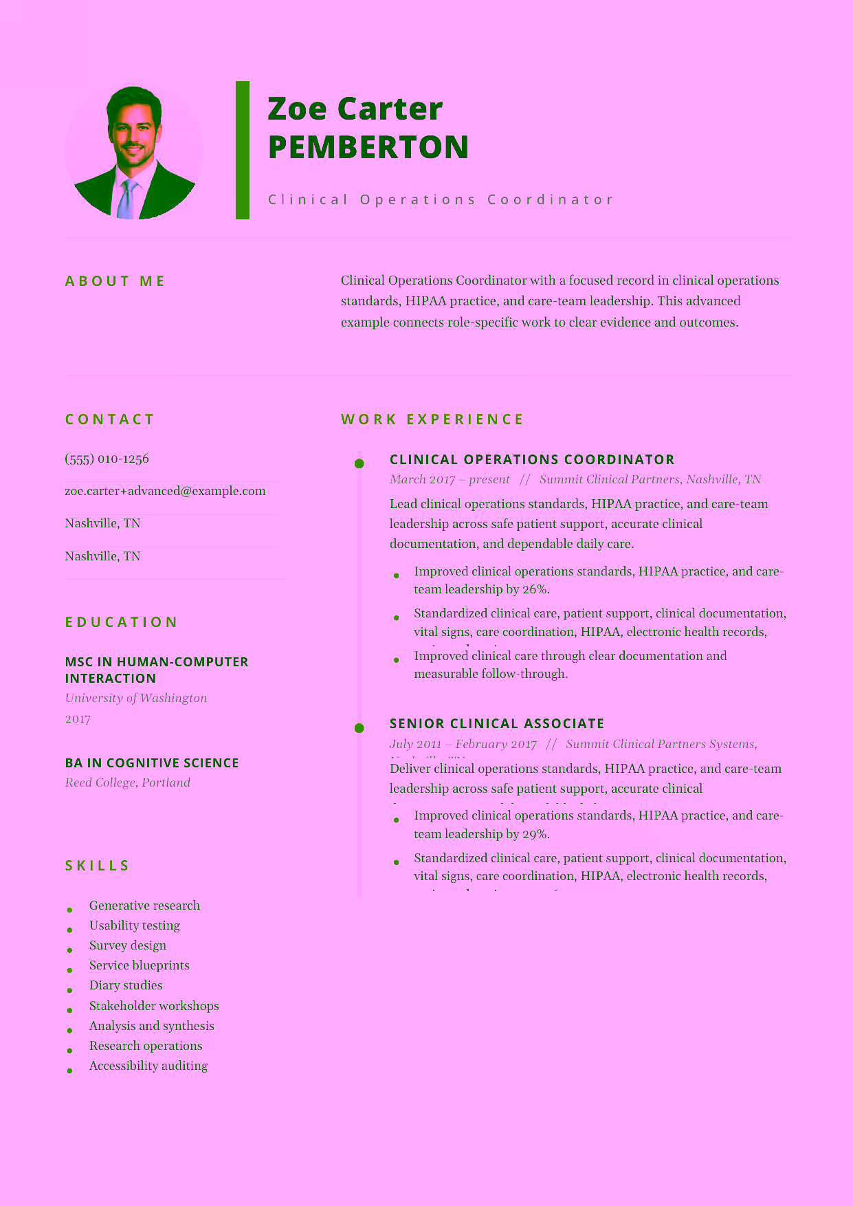 Advanced Clinical Operations Coordinator resume example in the Pegasus template focused on clinical operations standards, HIPAA practice, and care-team leadership.