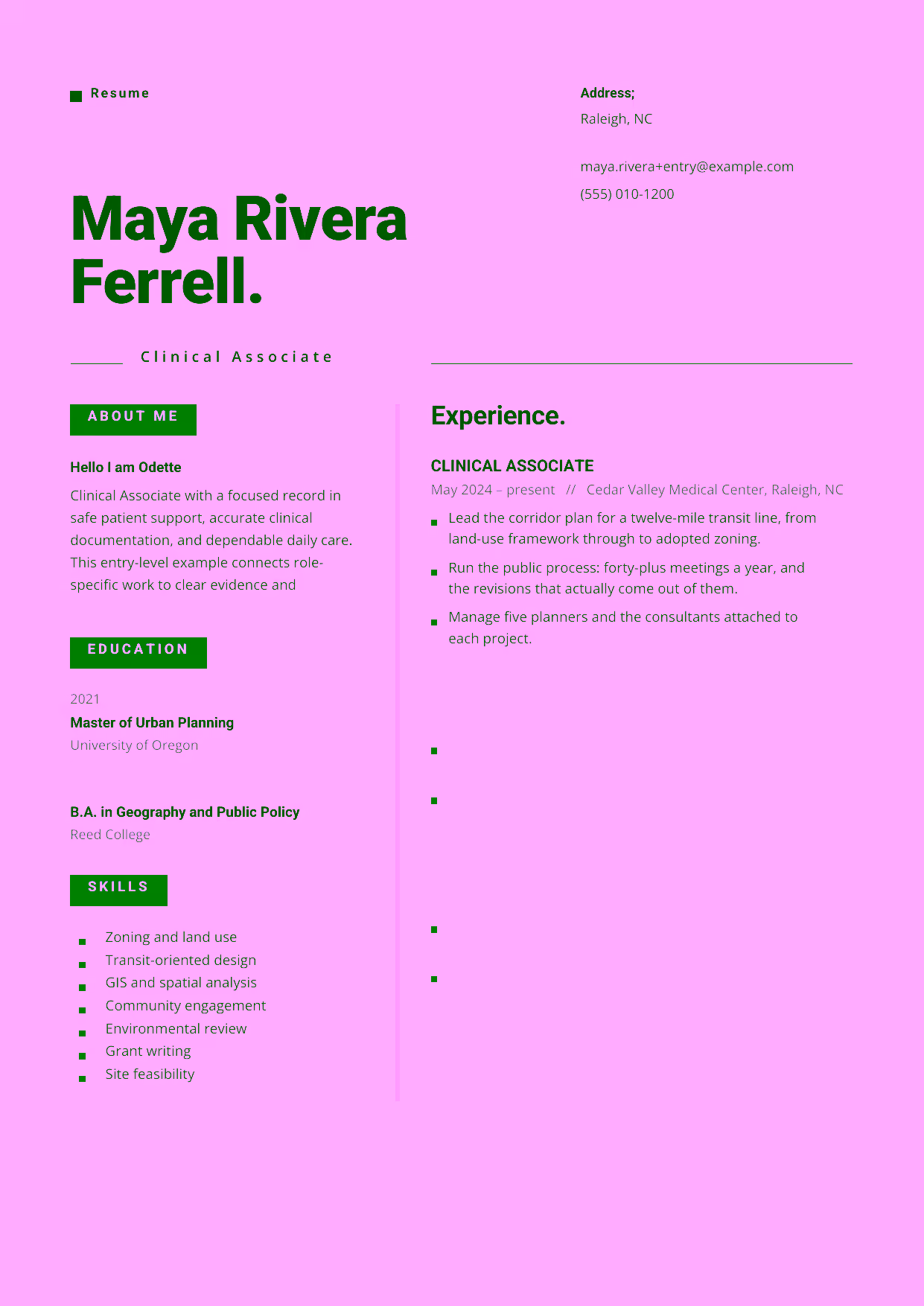 Entry-level Clinical Associate resume example in the Indus template focused on safe patient support, accurate clinical documentation, and dependable daily care.