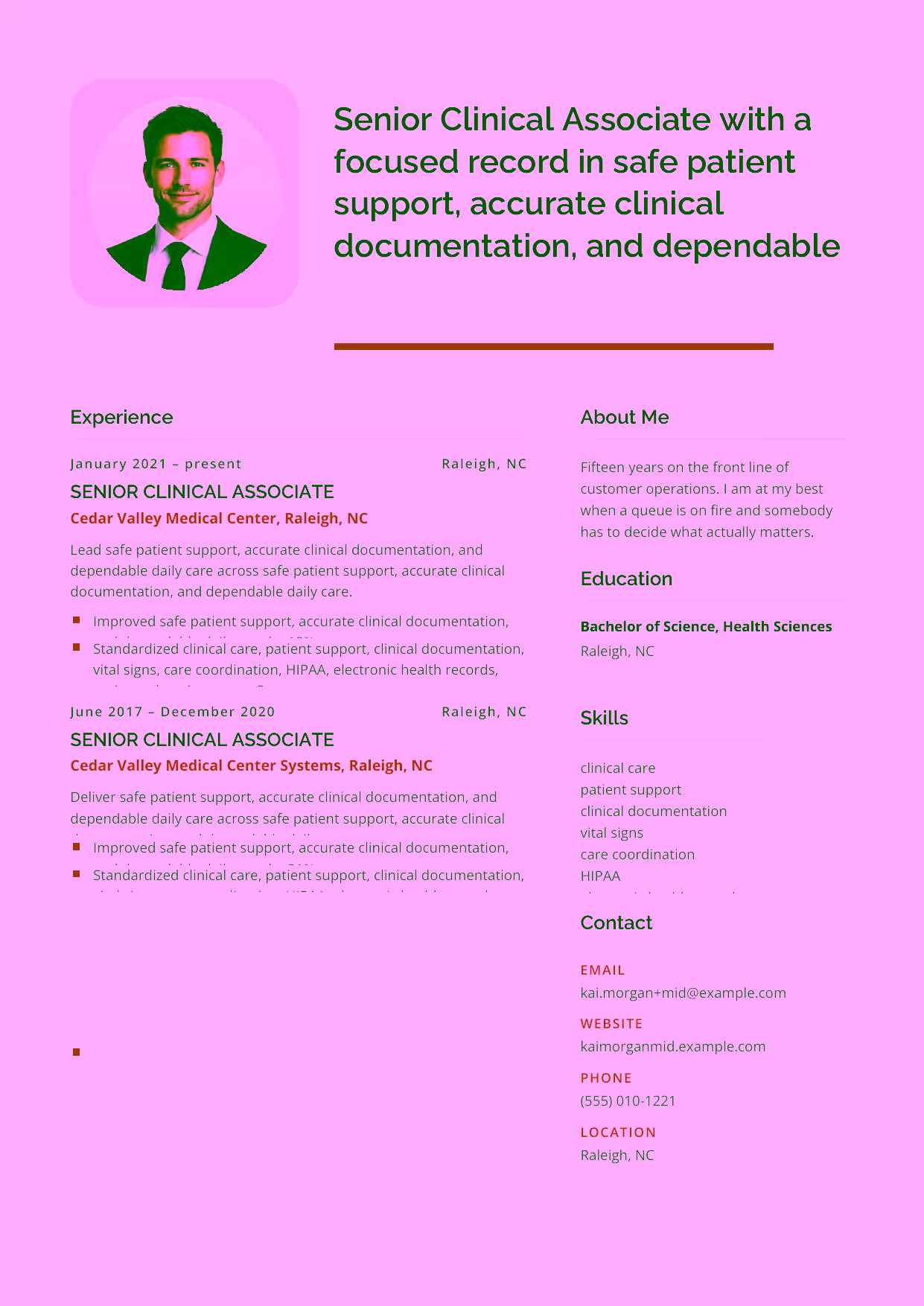 Mid-level Senior Clinical Associate resume example in the Andromeda template focused on care coordination, vital-sign collection, and clear patient education.