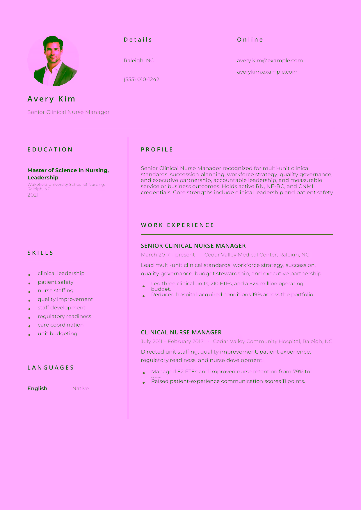 Advanced Senior Clinical Nurse Manager resume example in the Pictor template focused on multi-unit clinical standards, succession planning, workforce strategy, quality governance, and executive partnership.