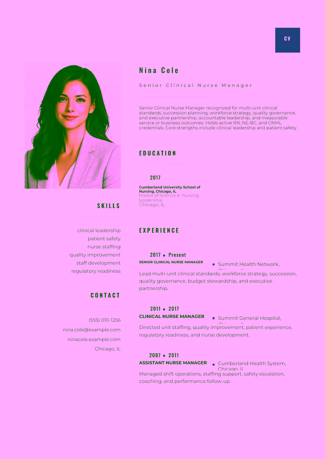 Advanced Senior Clinical Nurse Manager resume example in the Pyxis template focused on multi-unit clinical standards, succession planning, workforce strategy, quality governance, and executive partnership.