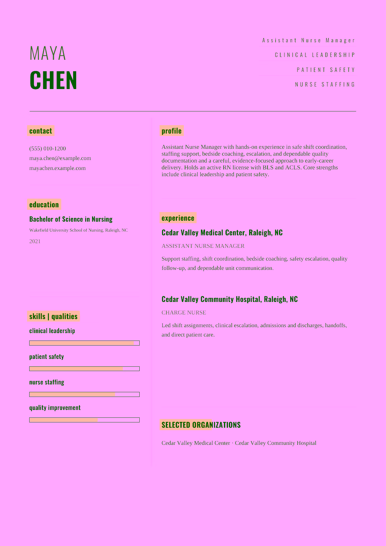 Entry-level Assistant Nurse Manager resume example in the Dorado template focused on safe shift coordination, staffing support, bedside coaching, escalation, and dependable quality documentation.