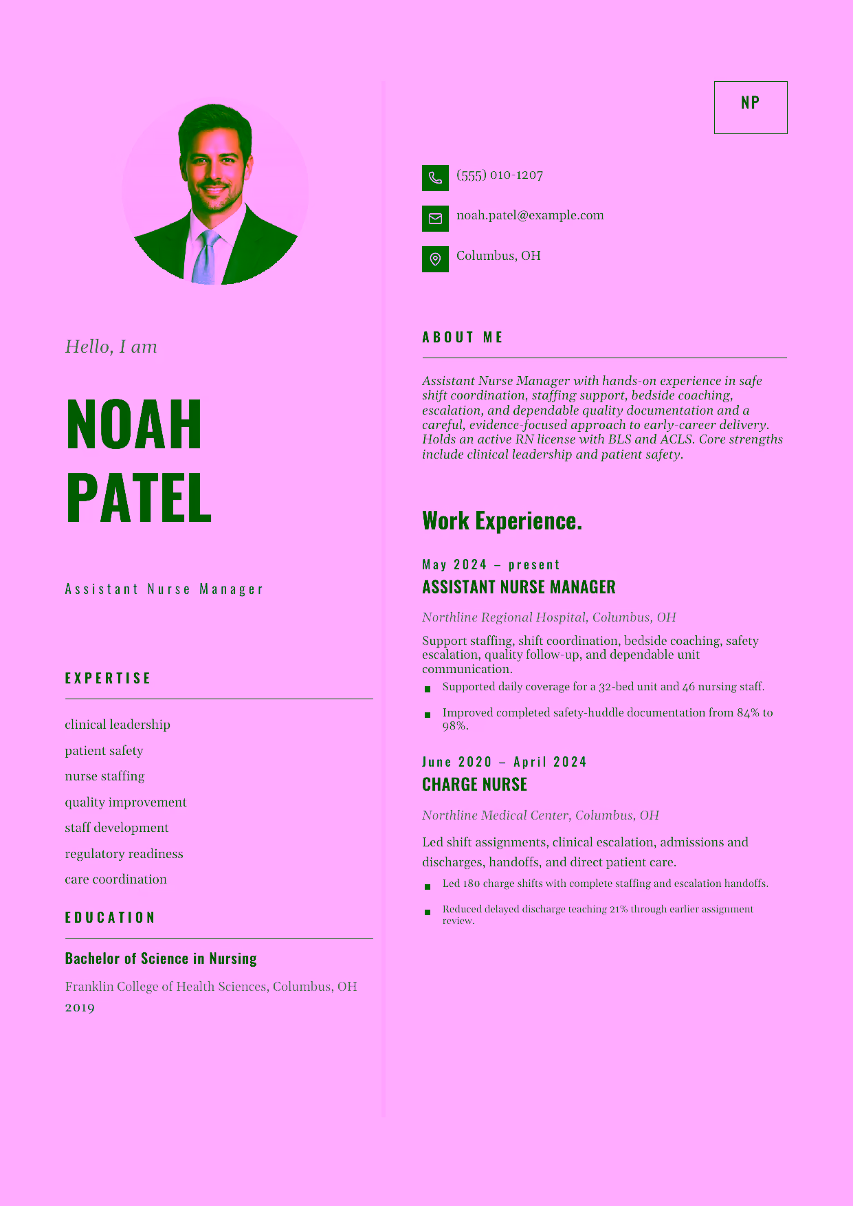 Entry-level Assistant Nurse Manager resume example in the Equuleus template focused on safe shift coordination, staffing support, bedside coaching, escalation, and dependable quality documentation.