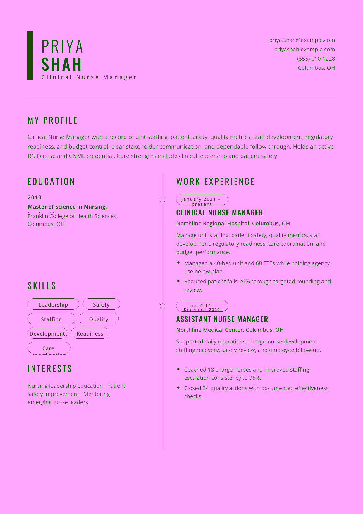 Mid-level Clinical Nurse Manager resume example in the Caelum template focused on unit staffing, patient safety, quality metrics, staff development, regulatory readiness, and budget control.