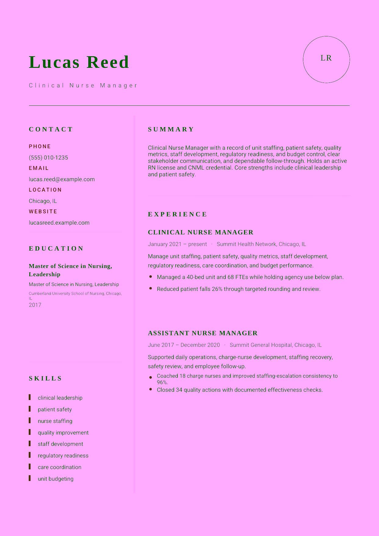 Mid-level Clinical Nurse Manager resume example in the Grus template focused on unit staffing, patient safety, quality metrics, staff development, regulatory readiness, and budget control.