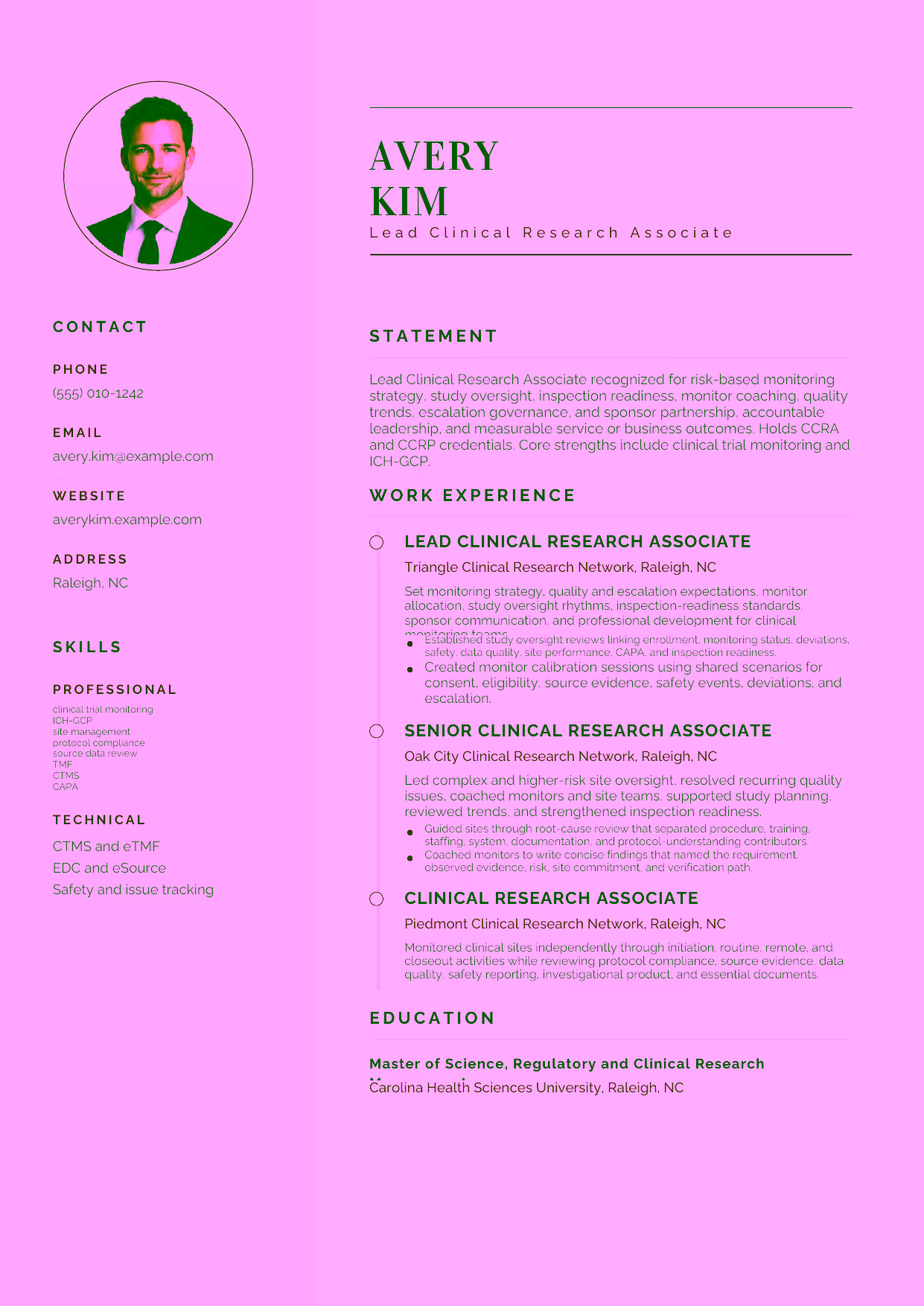 Advanced Lead Clinical Research Associate resume example in the Cetus template focused on risk-based monitoring strategy, study oversight, inspection readiness, monitor coaching, quality trends, escalation governance, and sponsor partnership.