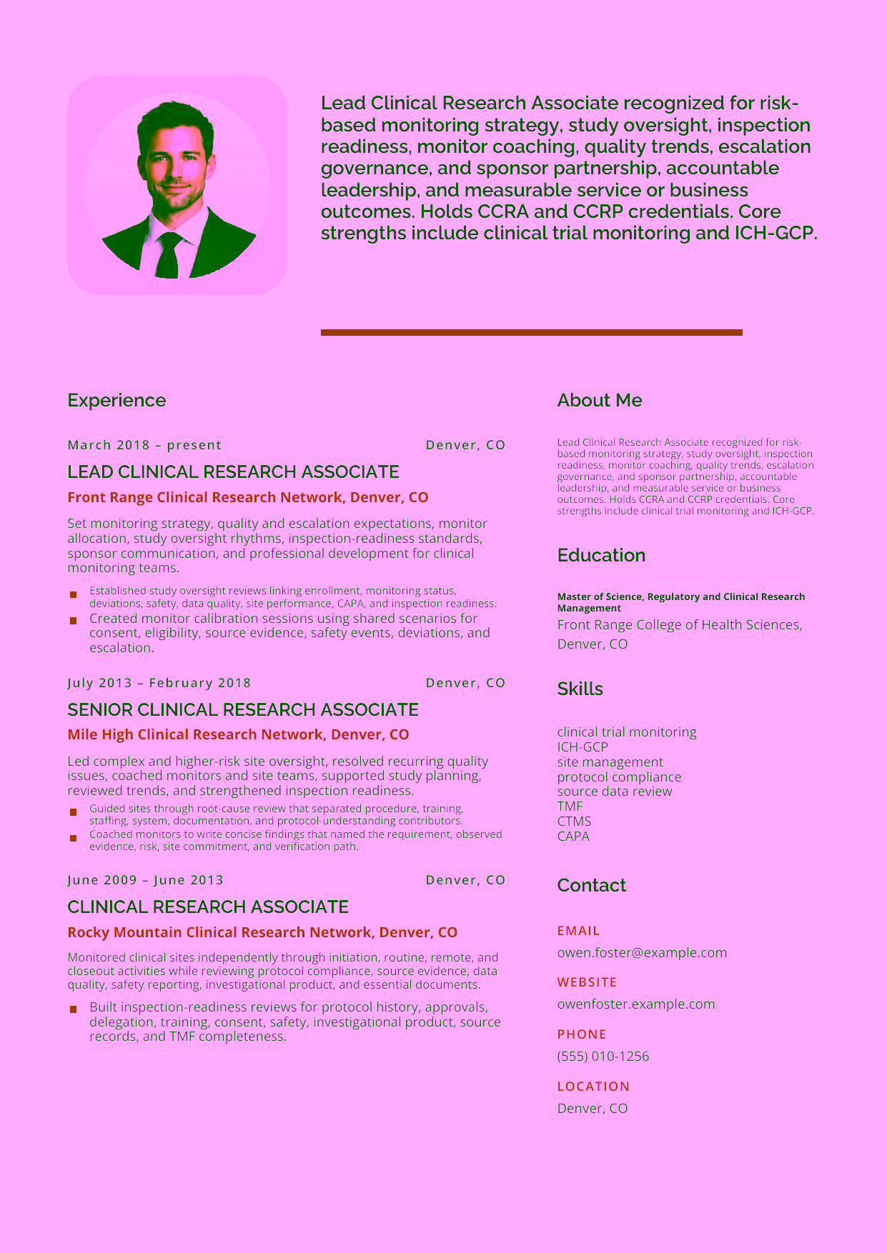 Advanced Lead Clinical Research Associate resume example in the Andromeda template focused on risk-based monitoring strategy, study oversight, inspection readiness, monitor coaching, quality trends, escalation governance, and sponsor partnership.