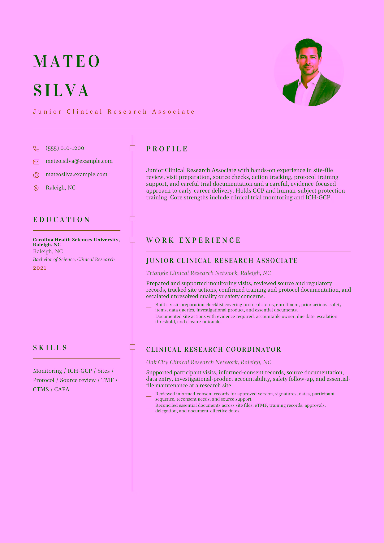 Entry-level Junior Clinical Research Associate resume example in the Draco template focused on site-file review, visit preparation, source checks, action tracking, protocol training support, and careful trial documentation.