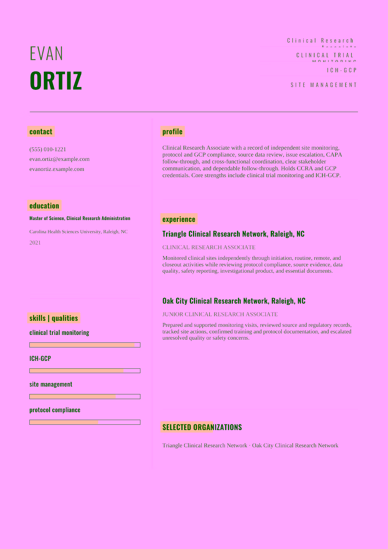 Mid-level Clinical Research Associate resume example in the Dorado template focused on independent site monitoring, protocol and GCP compliance, source data review, issue escalation, CAPA follow-through, and cross-functional coordination.