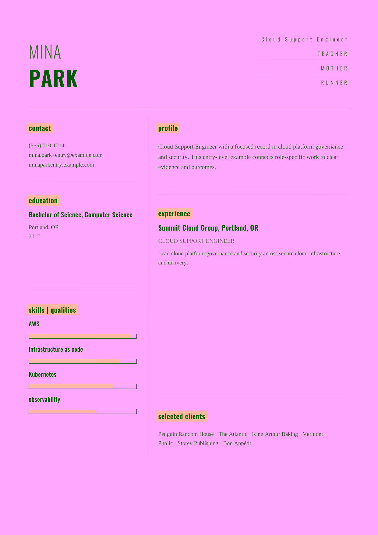 Entry-level Cloud Support Engineer resume example in the Dorado template focused on cloud operations and observability.