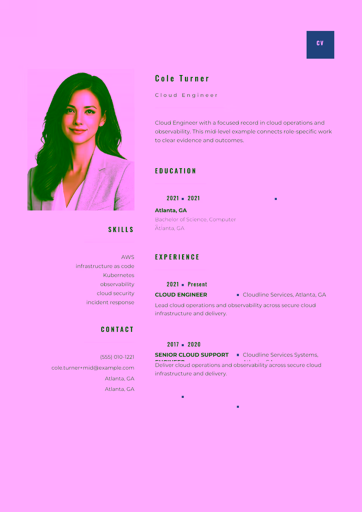 Mid-level Cloud Engineer resume example in the Pyxis template focused on infrastructure automation and reliability.