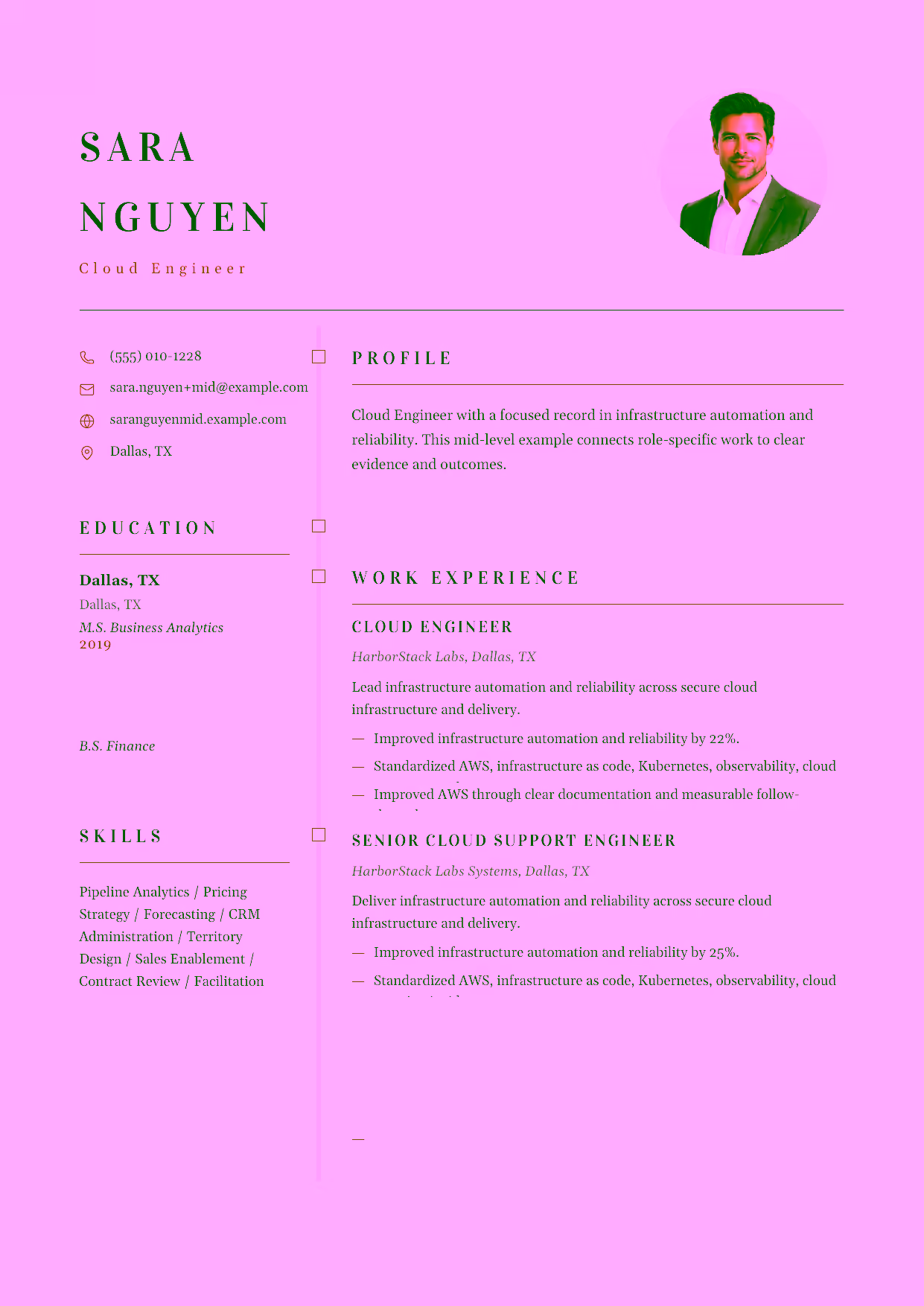 Mid-level Cloud Engineer resume example in the Draco template focused on infrastructure automation and reliability.