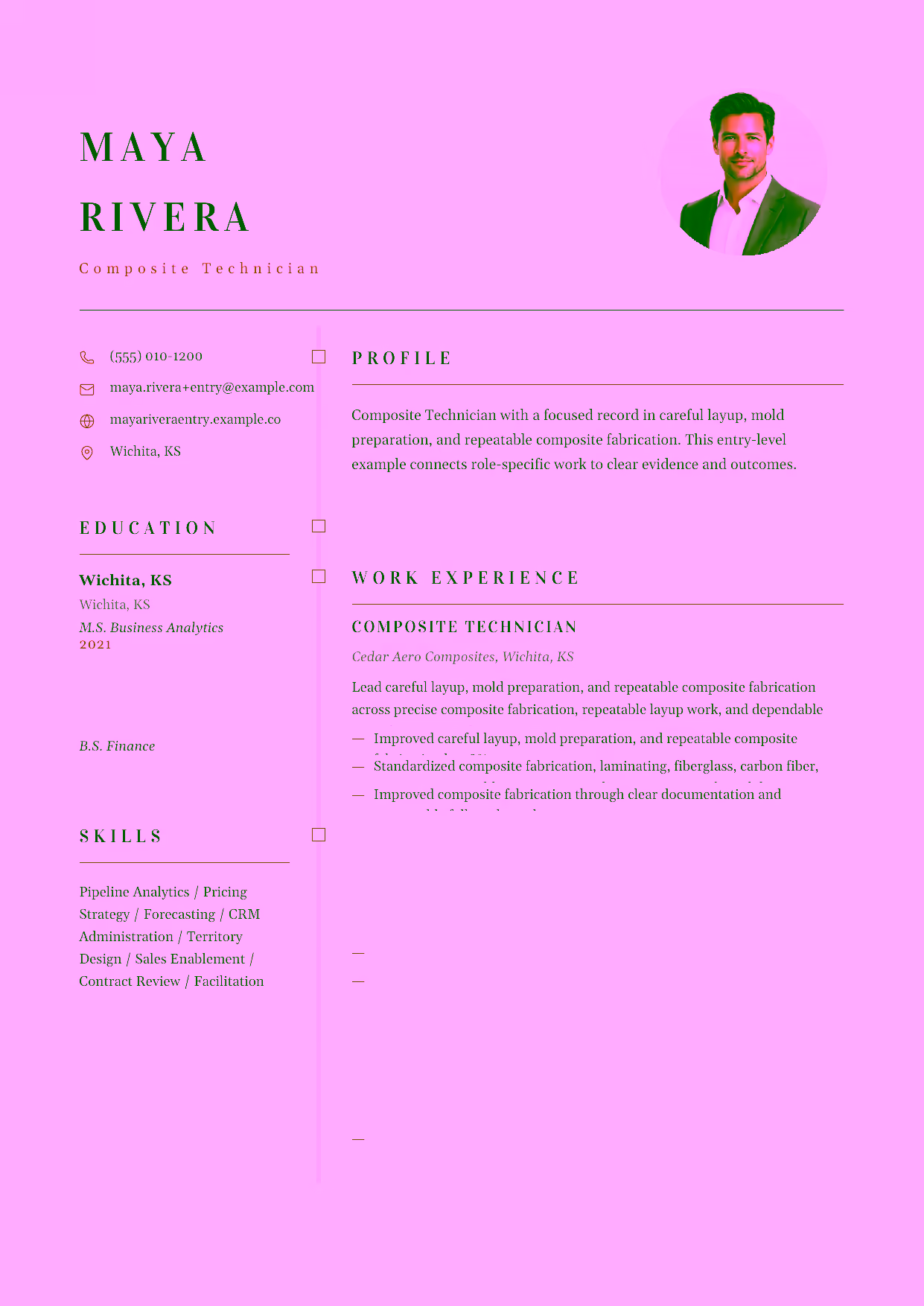 Entry-level Composite Technician resume example in the Draco template focused on careful layup, mold preparation, and repeatable composite fabrication.