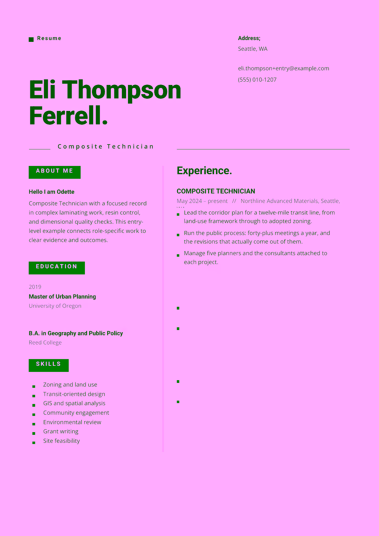 Entry-level Composite Technician resume example in the Indus template focused on careful layup, mold preparation, and repeatable composite fabrication.