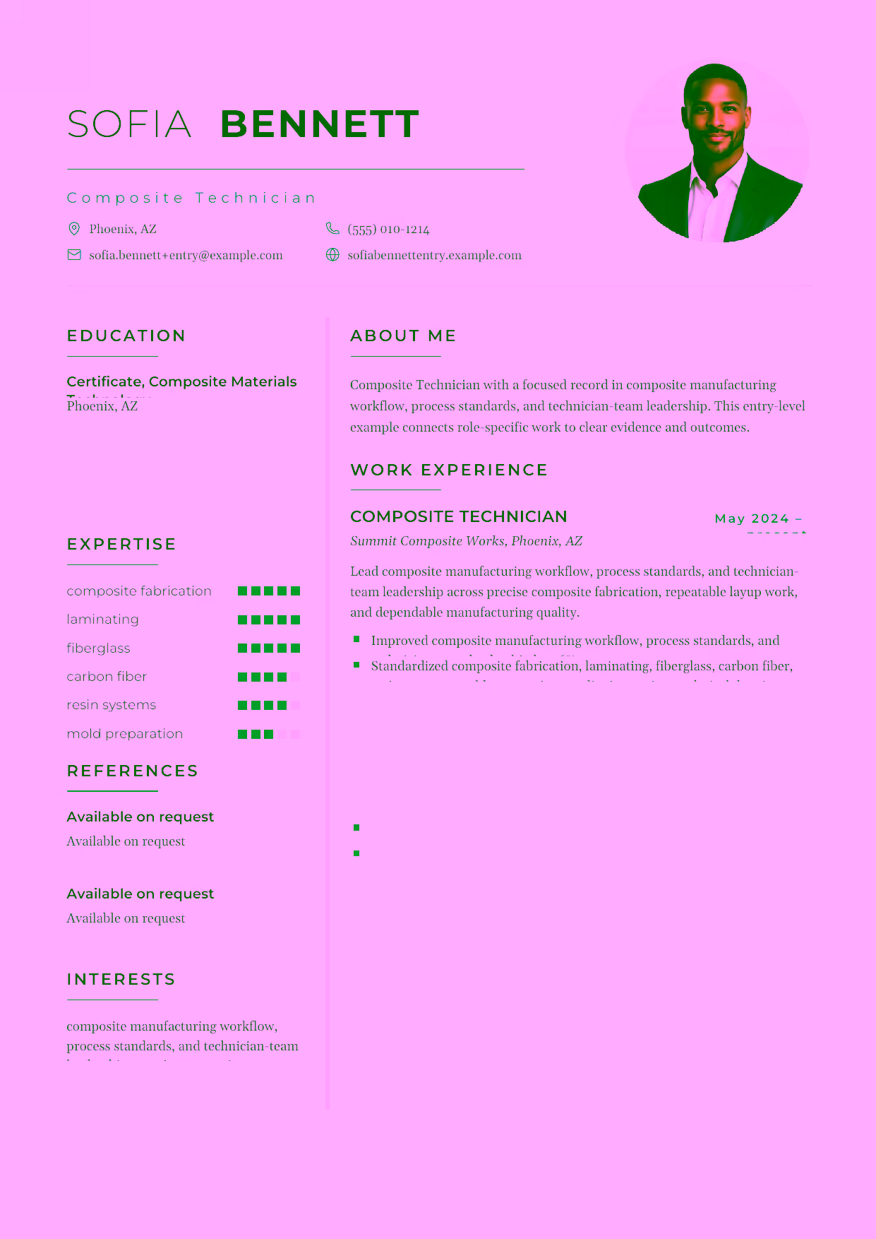 Entry-level Composite Technician resume example in the Achernar template focused on careful layup, mold preparation, and repeatable composite fabrication.