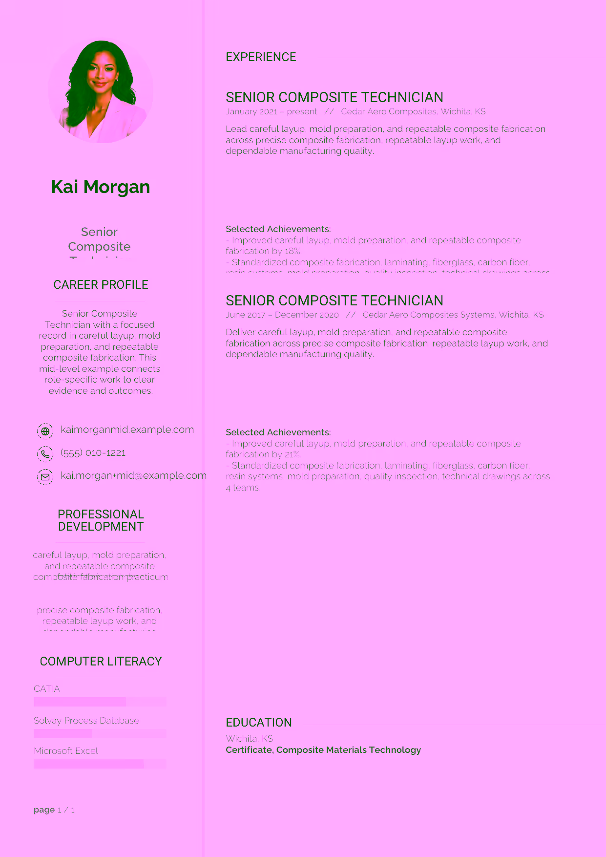 Mid-level Senior Composite Technician resume example in the Synnove template focused on complex laminating work, resin control, and dimensional quality checks.