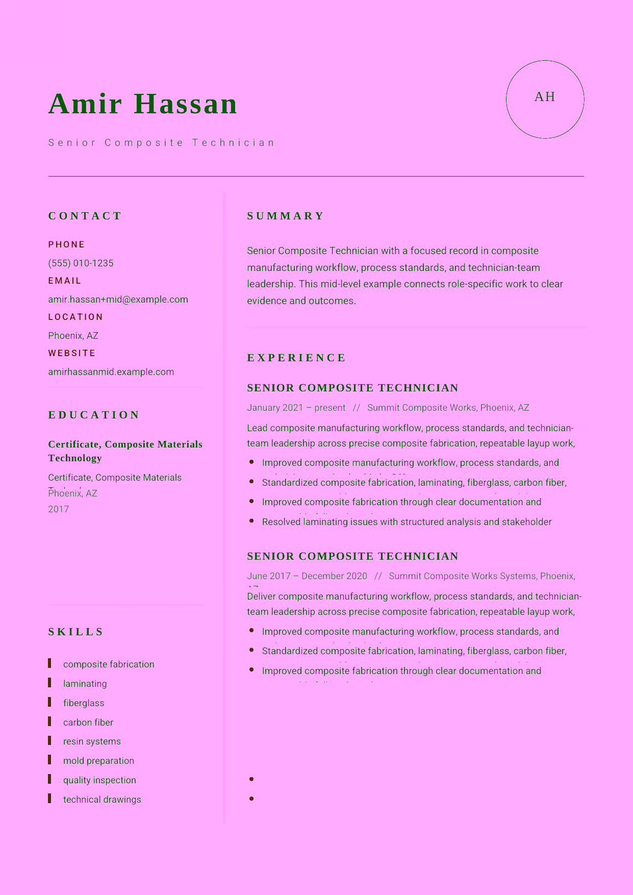Mid-level Senior Composite Technician resume example in the Grus template focused on complex laminating work, resin control, and dimensional quality checks.