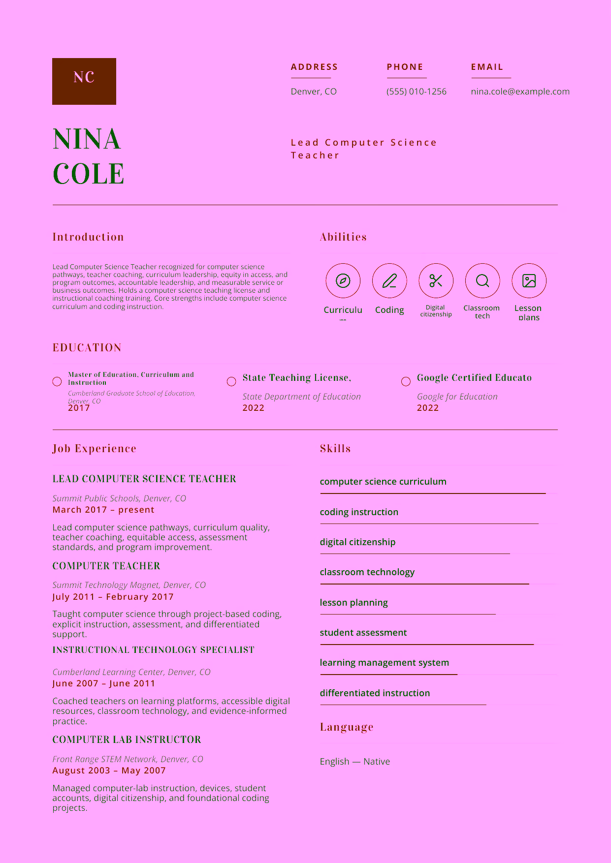 Advanced Lead Computer Science Teacher resume example in the Delphinus template focused on computer science pathways, teacher coaching, curriculum leadership, equity in access, and program outcomes.