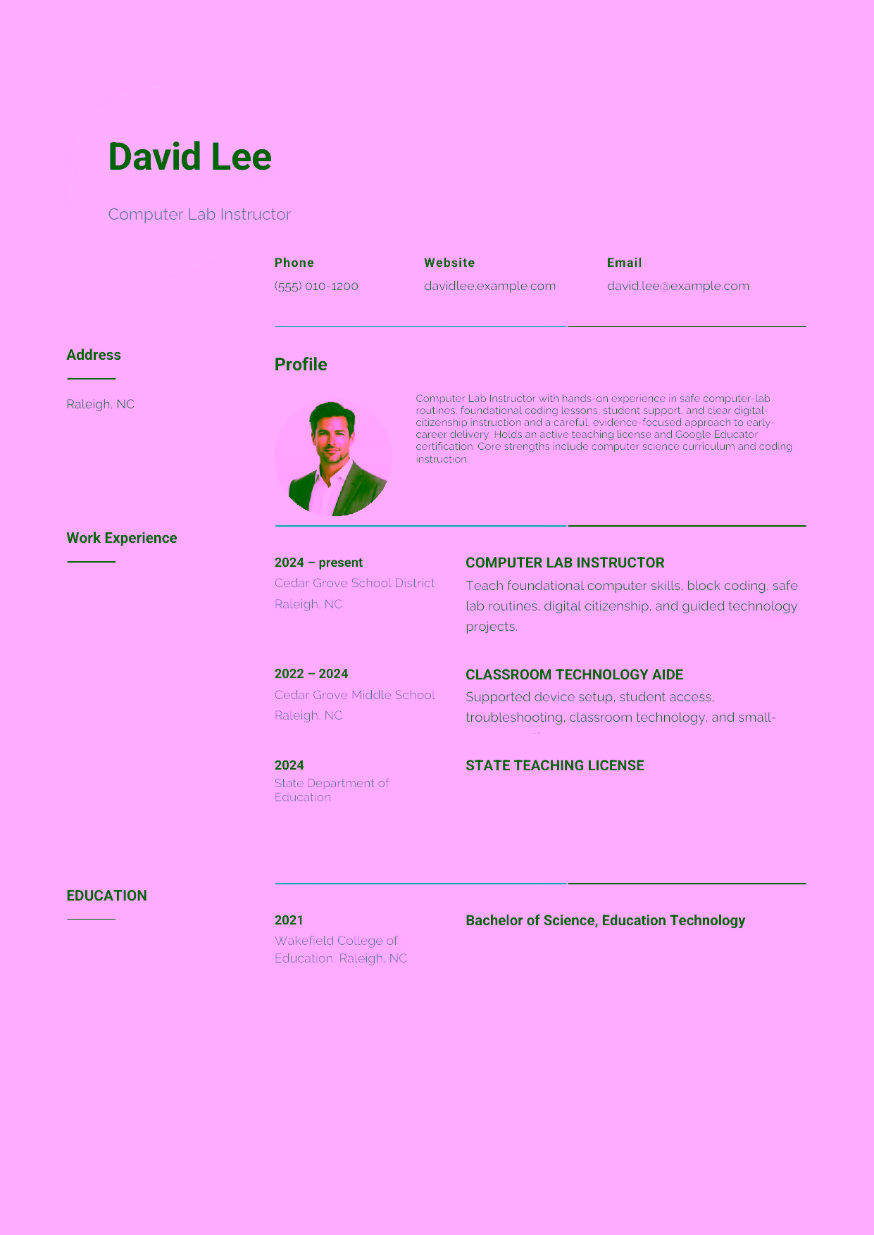 Entry-level Computer Lab Instructor resume example in the Pavo template focused on safe computer-lab routines, foundational coding lessons, student support, and clear digital-citizenship instruction.