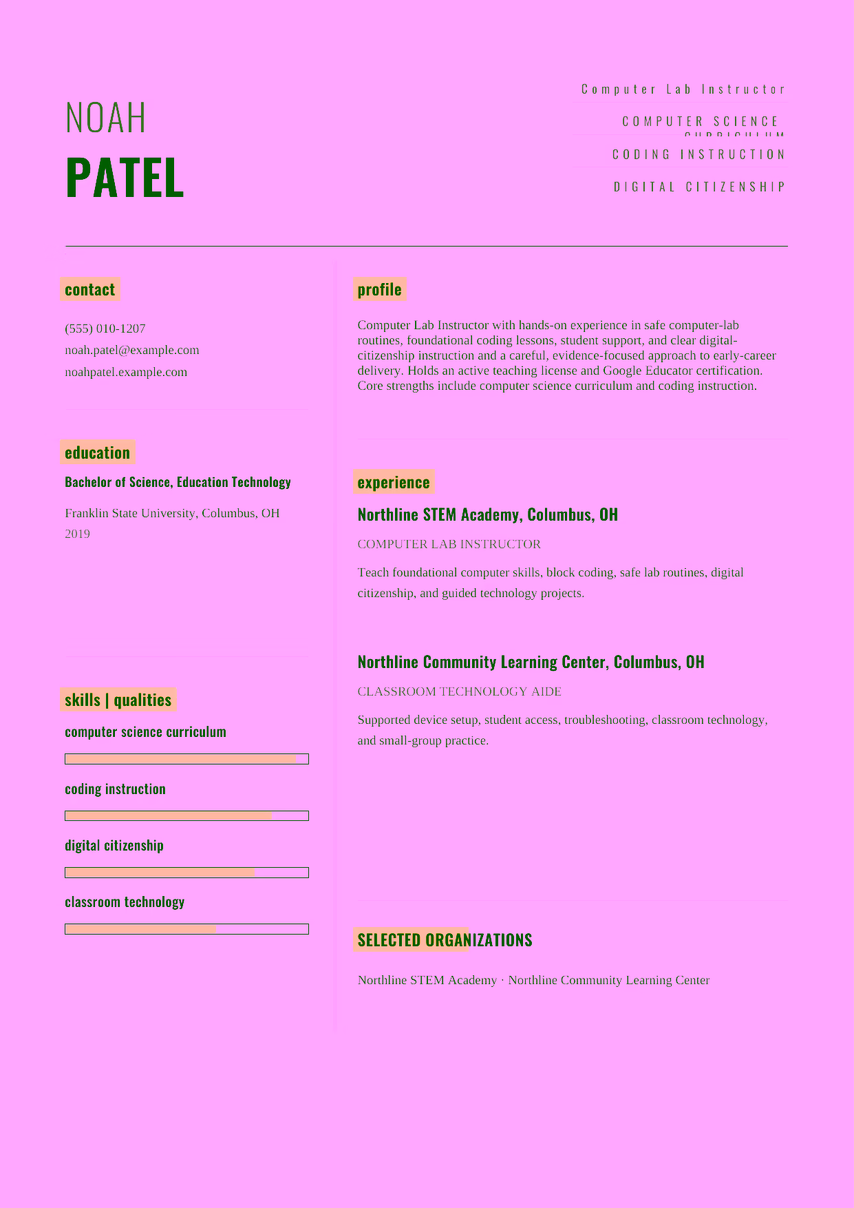 Entry-level Computer Lab Instructor resume example in the Dorado template focused on safe computer-lab routines, foundational coding lessons, student support, and clear digital-citizenship instruction.
