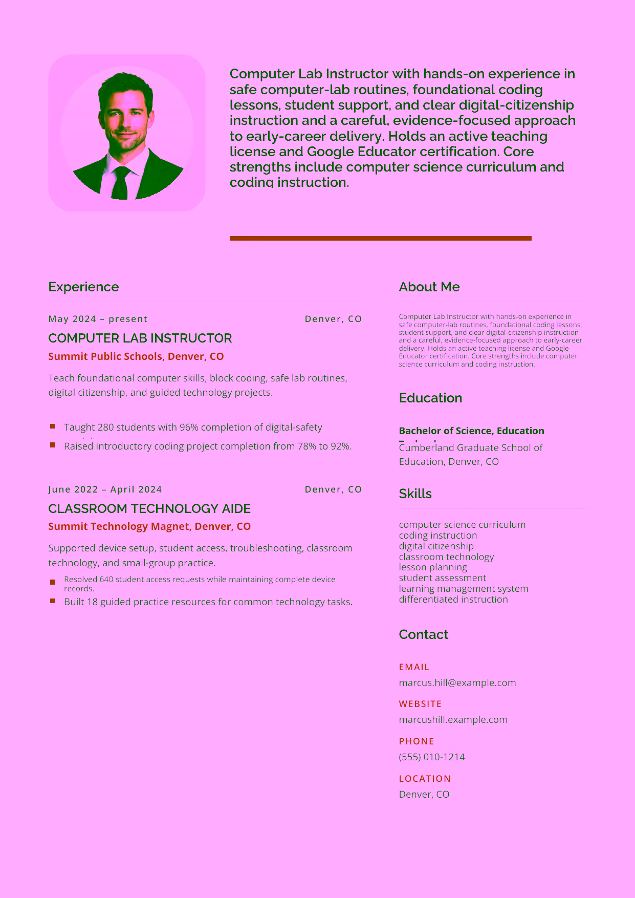 Entry-level Computer Lab Instructor resume example in the Andromeda template focused on safe computer-lab routines, foundational coding lessons, student support, and clear digital-citizenship instruction.