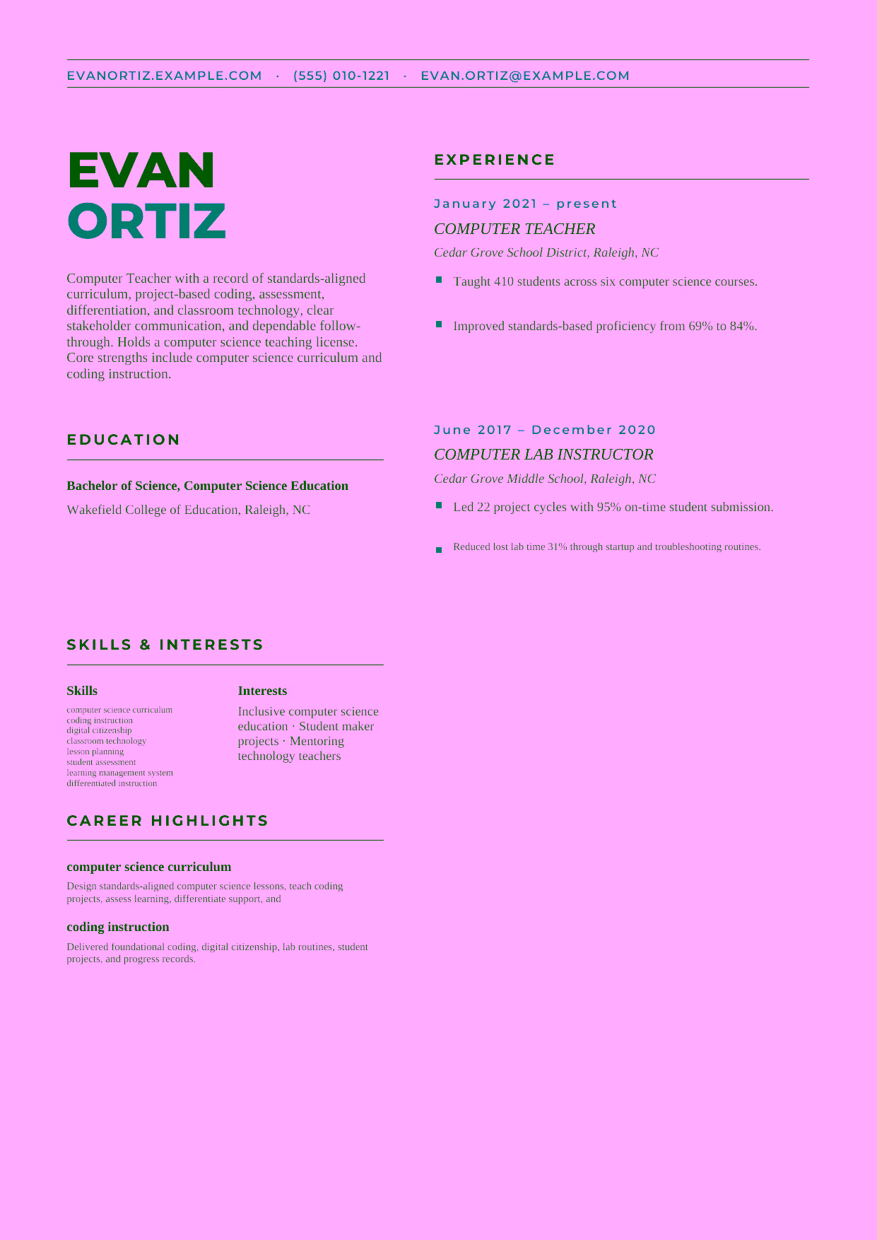 Mid-level Computer Teacher resume example in the Bootes template focused on standards-aligned curriculum, project-based coding, assessment, differentiation, and classroom technology.