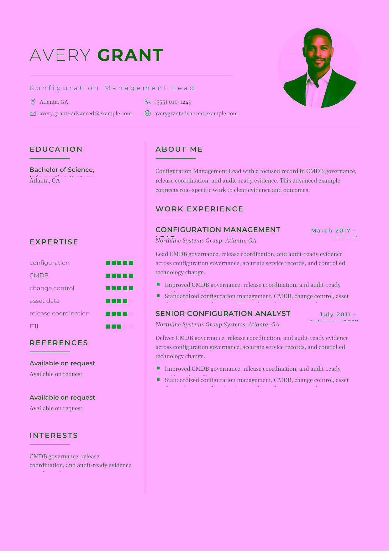 Advanced Configuration Management Lead resume example in the Achernar template focused on configuration strategy, service alignment, and cross-team process leadership.