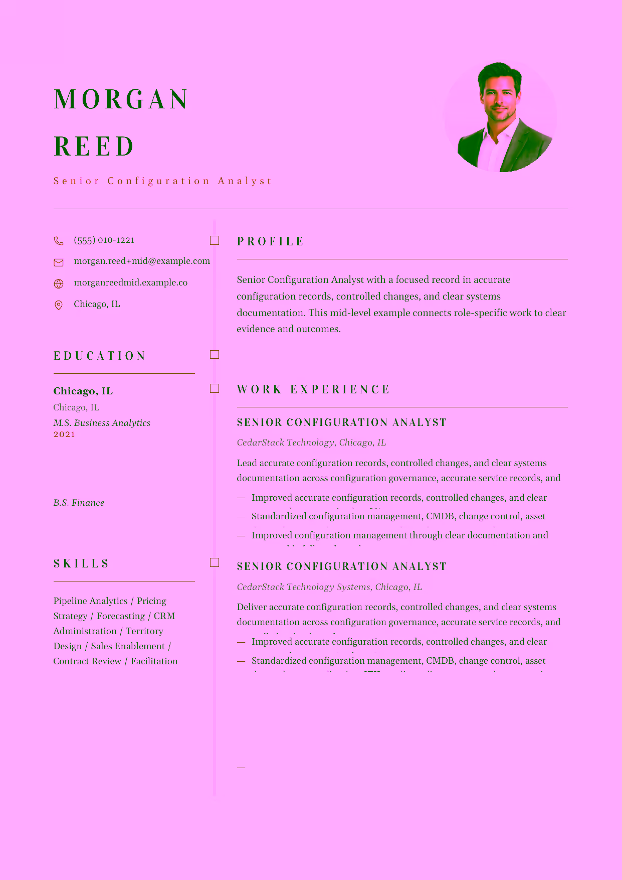 Mid-level Senior Configuration Analyst resume example in the Draco template focused on CMDB governance, release coordination, and audit-ready evidence.