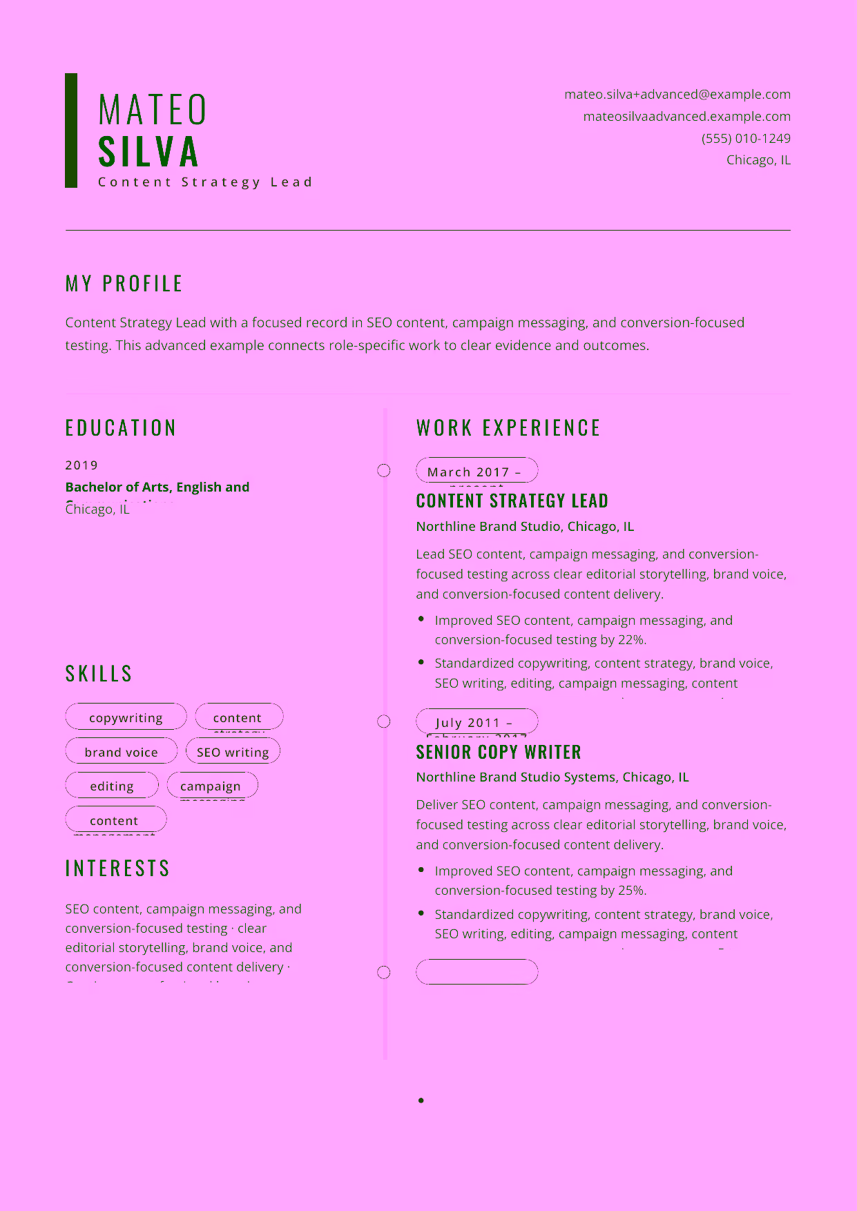 Advanced Content Strategy Lead resume example in the Caelum template focused on content strategy, editorial standards, and writer-team leadership.