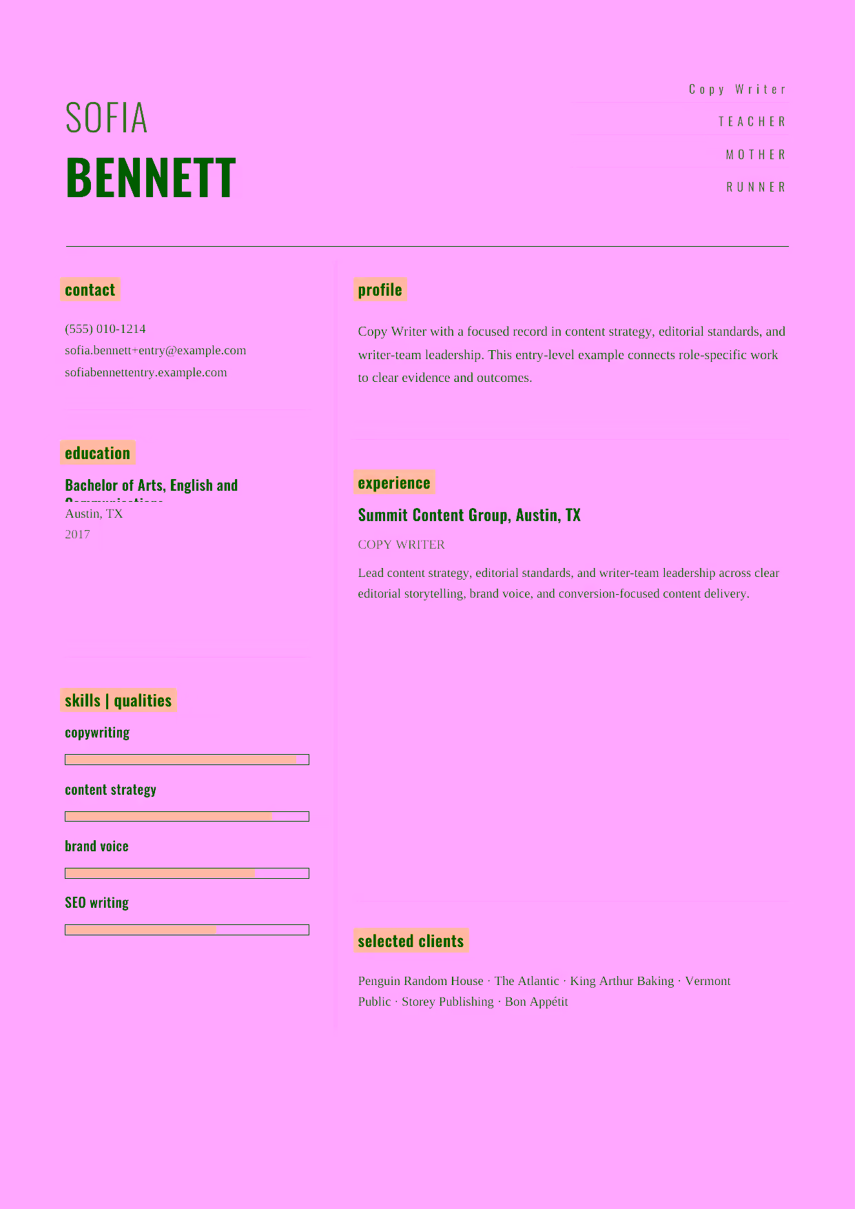Entry-level Copy Writer resume example in the Dorado template focused on clear copy, brand voice, and dependable editorial delivery.