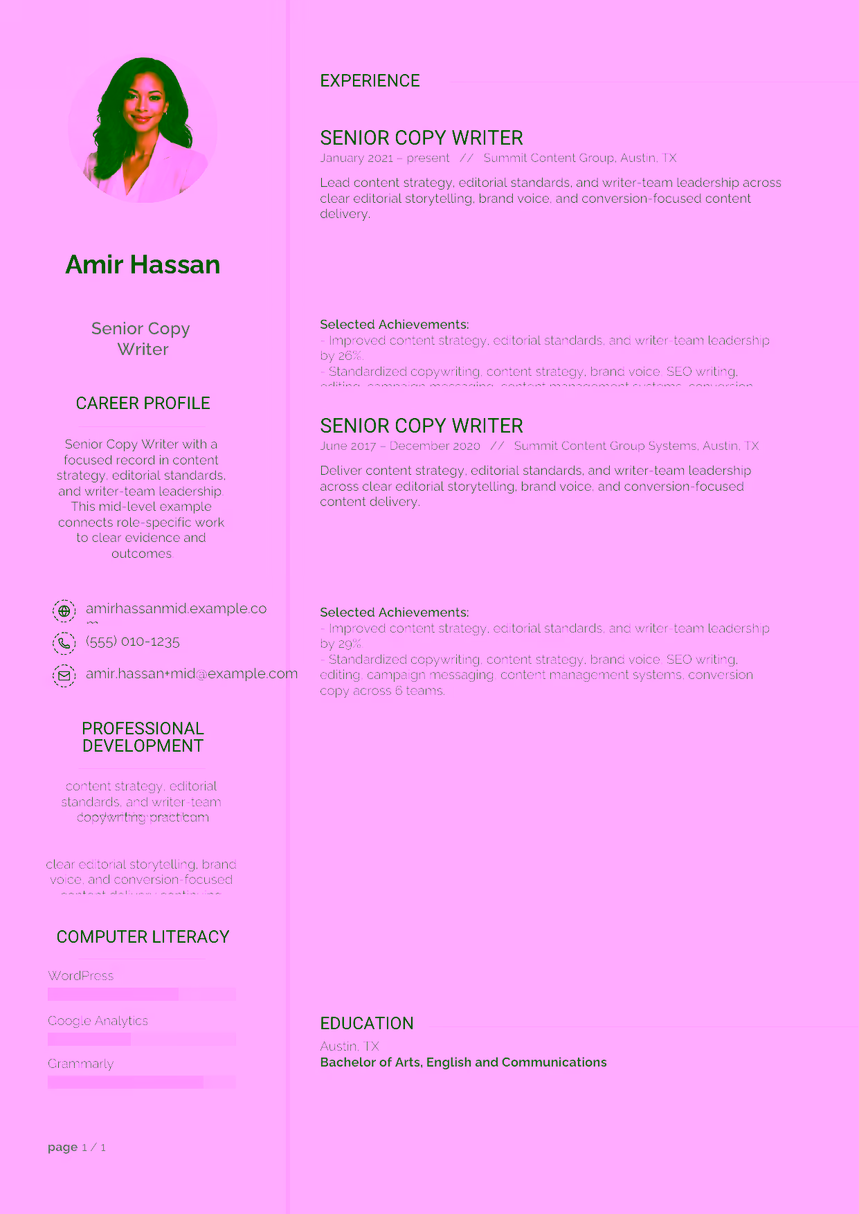 Mid-level Senior Copy Writer resume example in the Synnove template focused on SEO content, campaign messaging, and conversion-focused testing.