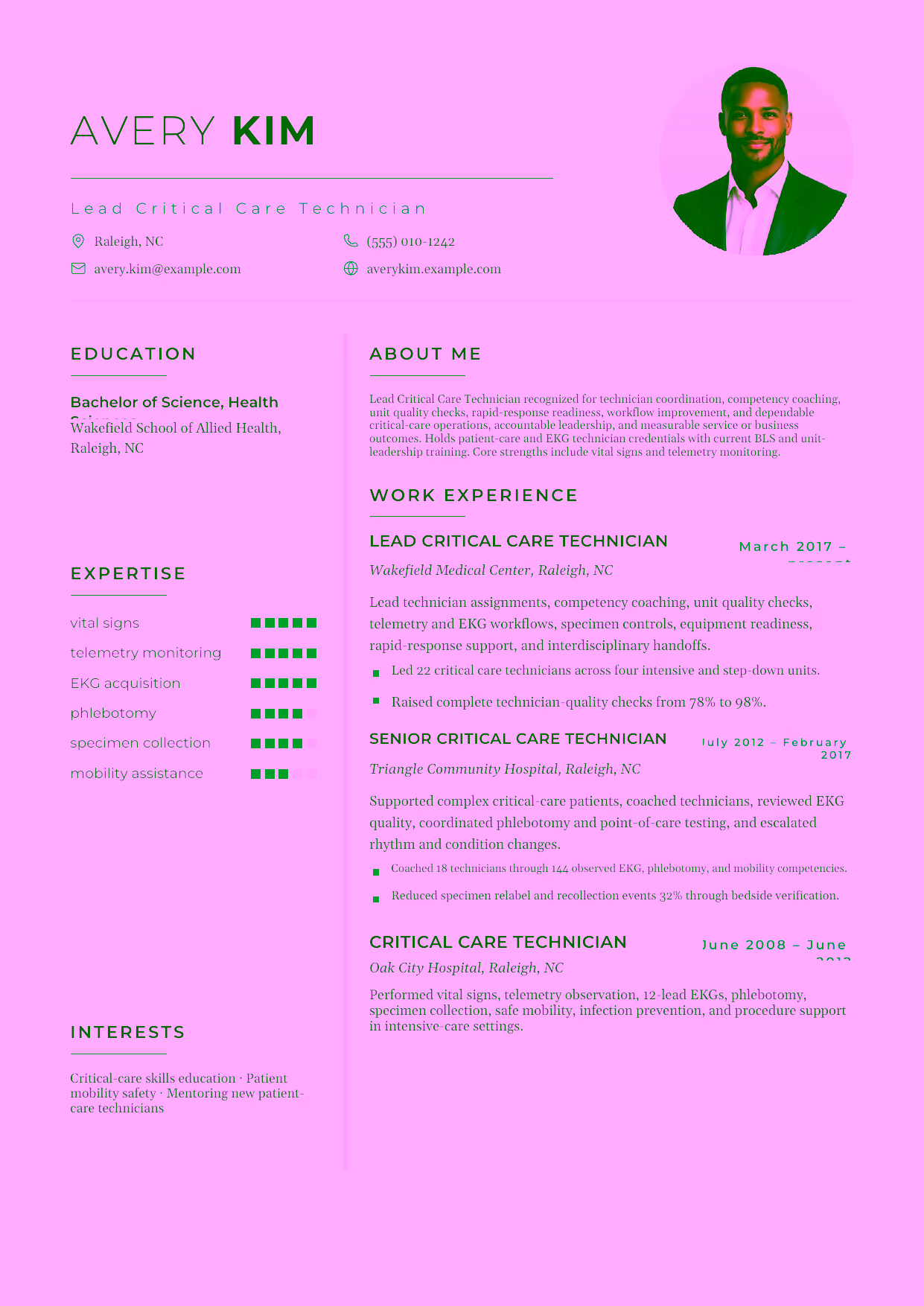 Advanced Lead Critical Care Technician resume example in the Achernar template focused on technician coordination, competency coaching, unit quality checks, rapid-response readiness, workflow improvement, and dependable critical-care operations.