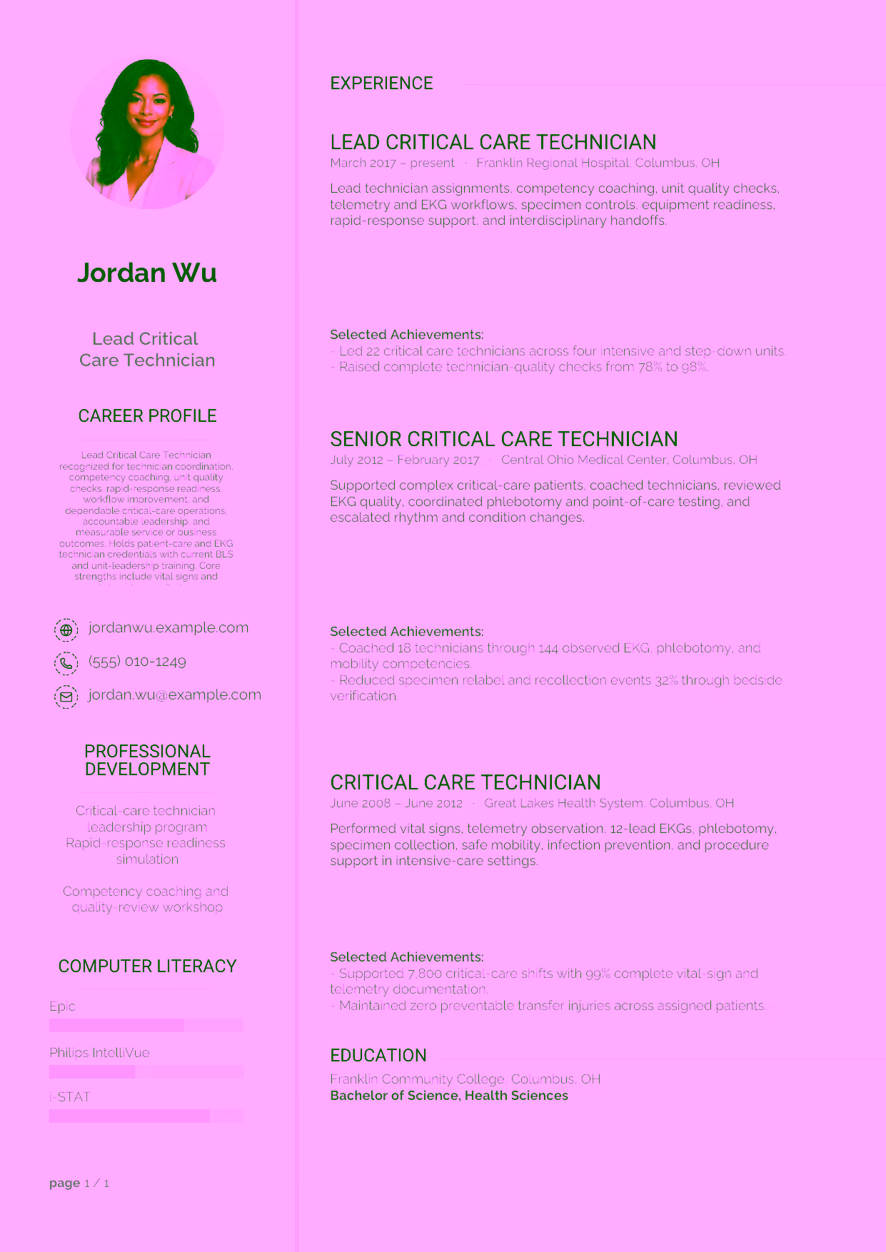 Advanced Lead Critical Care Technician resume example in the Synnove template focused on technician coordination, competency coaching, unit quality checks, rapid-response readiness, workflow improvement, and dependable critical-care operations.