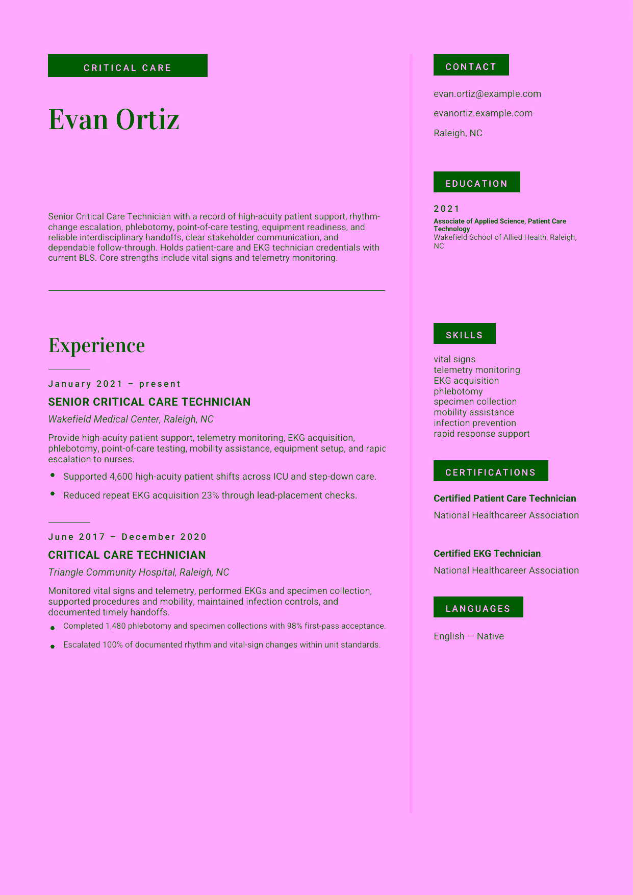 Mid-level Senior Critical Care Technician resume example in the Aquila template focused on high-acuity patient support, rhythm-change escalation, phlebotomy, point-of-care testing, equipment readiness, and reliable interdisciplinary handoffs.